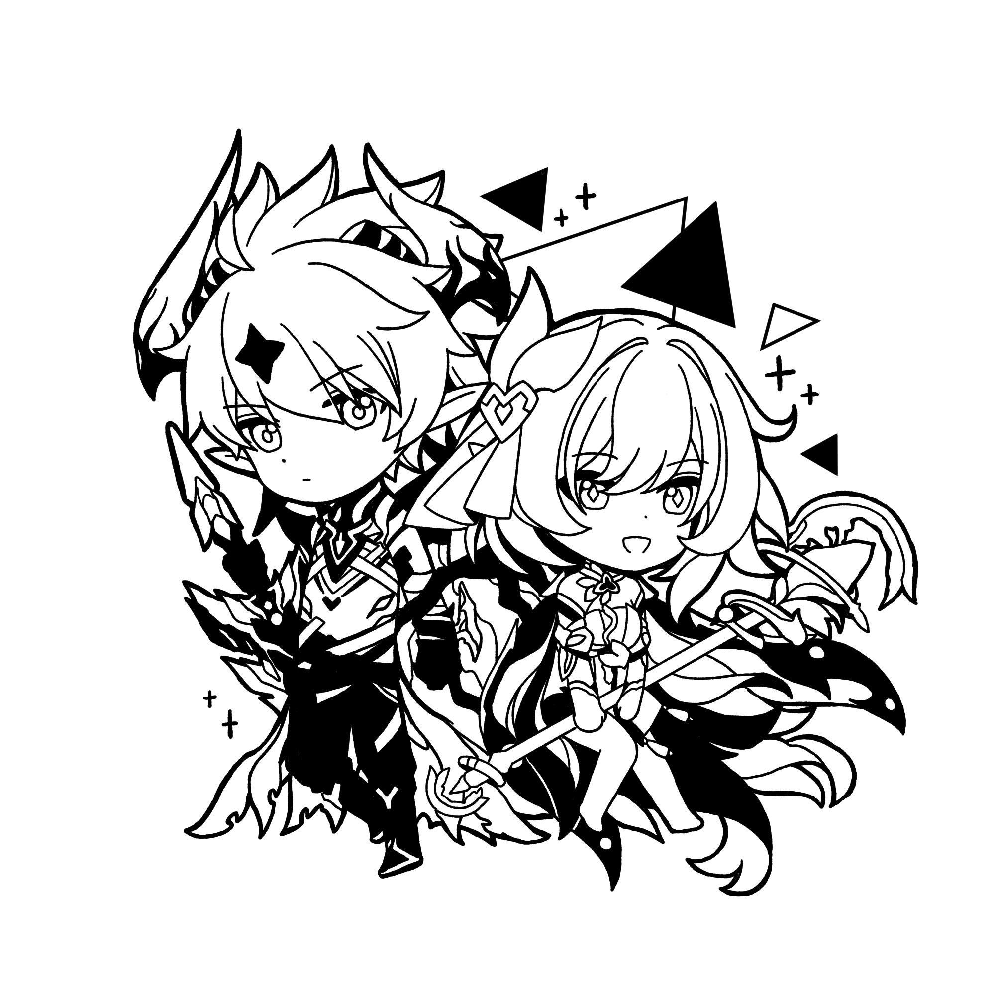 star (zhongyan88528), elysia (herrscher of human: ego) (honkai impact), elysia (honkai impact), kevin kaslana, kevin kaslana (diabolic), honkai (series), honkai impact 3rd, highres, alternate form, barefoot, chibi, chibi only, corset, demon horns, elf, greyscale, hair ornament, holding, holding staff, horns, monochrome, pants, pointy ears, short hair, shorts, simple background, smile, staff