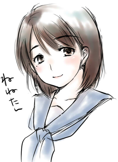 maya tanuki, sakura6480, anegasaki nene, love plus, 1girl, brown eyes, brown hair, female focus, mole, mole under eye, portrait, school uniform, short hair, sketch, solo, white background