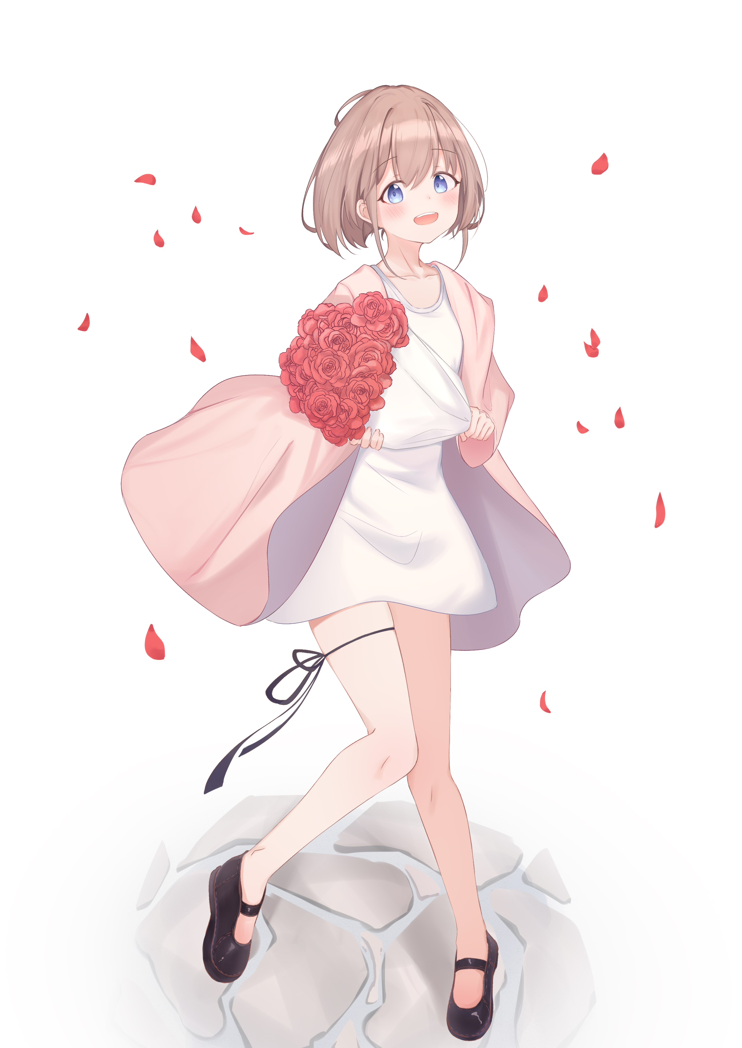 riya (01214), original, absurdres, commentary request, highres, 1girl, :d, black shoes, blue eyes, blush, bouquet, brown hair, collarbone, dress, flower, full body, holding, holding bouquet, jacket, looking at viewer, no socks, off shoulder, open clothes, open jacket, open mouth, petals, pink jacket, red flower, red rose, rose, shoes, short hair, simple background, sleeveless, sleeveless dress, smile, solo, standing, standing on one leg, white background, white dress