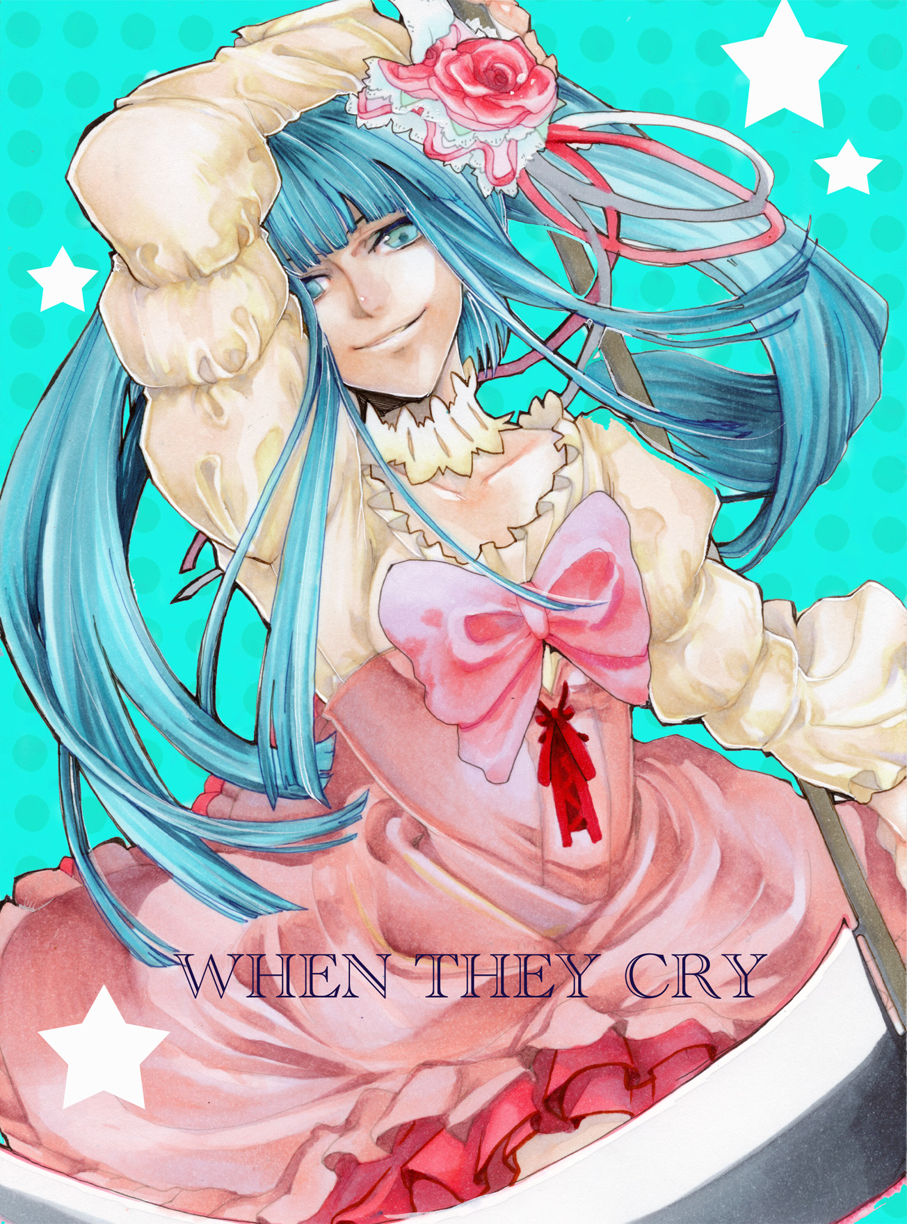 noppo, furudo erika, umineko no naku koro ni, bad id, bad pixiv id, highres, 00s, 1girl, blue eyes, blue hair, blunt bangs, bow, choker, dress, female focus, flower, frills, hair ornament, hime cut, long hair, matching hair/eyes, no legwear, pink bow, ribbon, smile, solo, twintails