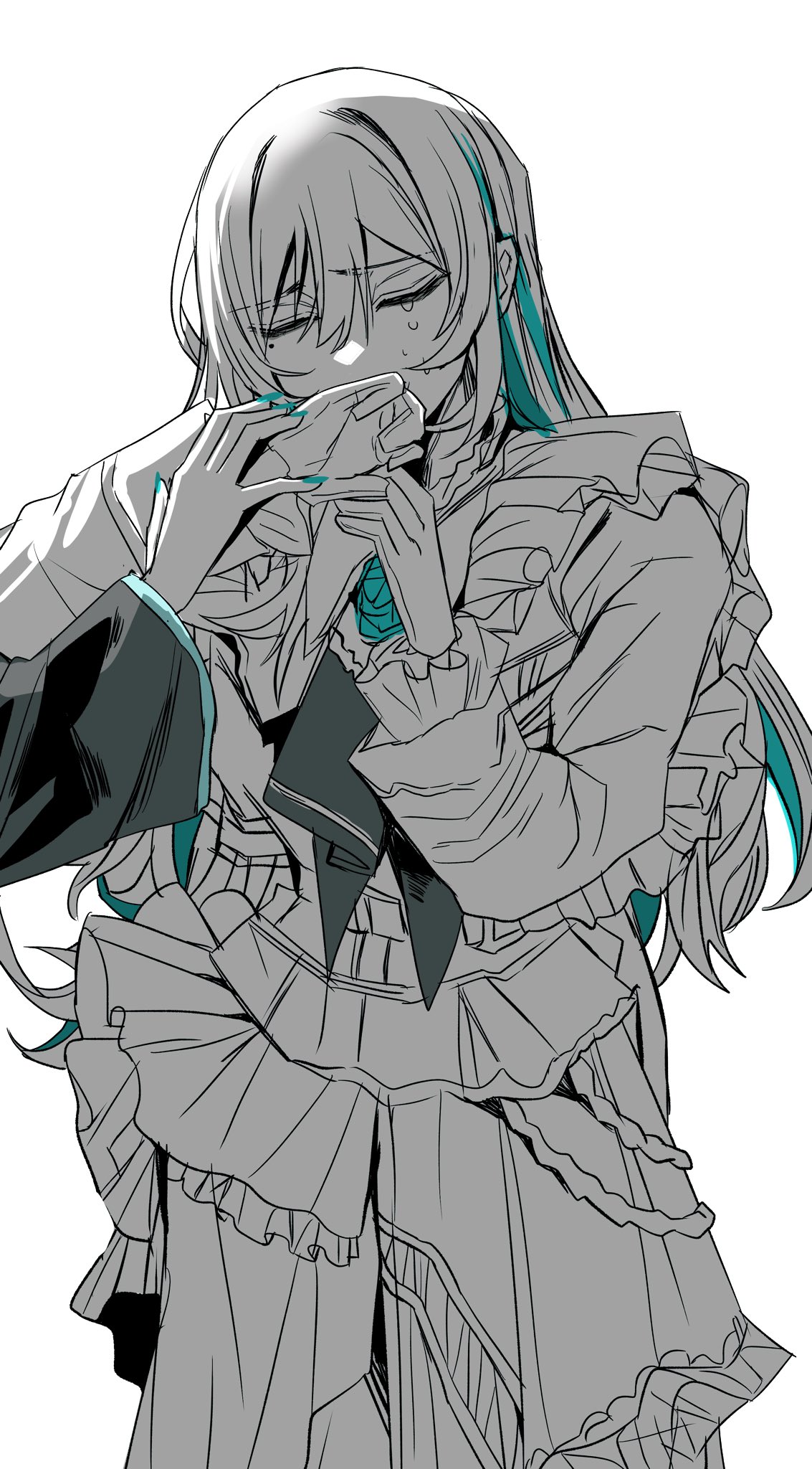 gunjyou (gunjyou 00), chando (ado), hatsune miku, ado (utaite), vocaloid, commentary, hashtag-only commentary, highres, 2girls, aqua nails, blue hair, colored inner hair, crying, dress, gloves, long hair, long sleeves, mole, mole under eye, multicolored hair, multiple girls, nail polish, simple background, solo focus, tears, utaite, white background, wiping tears