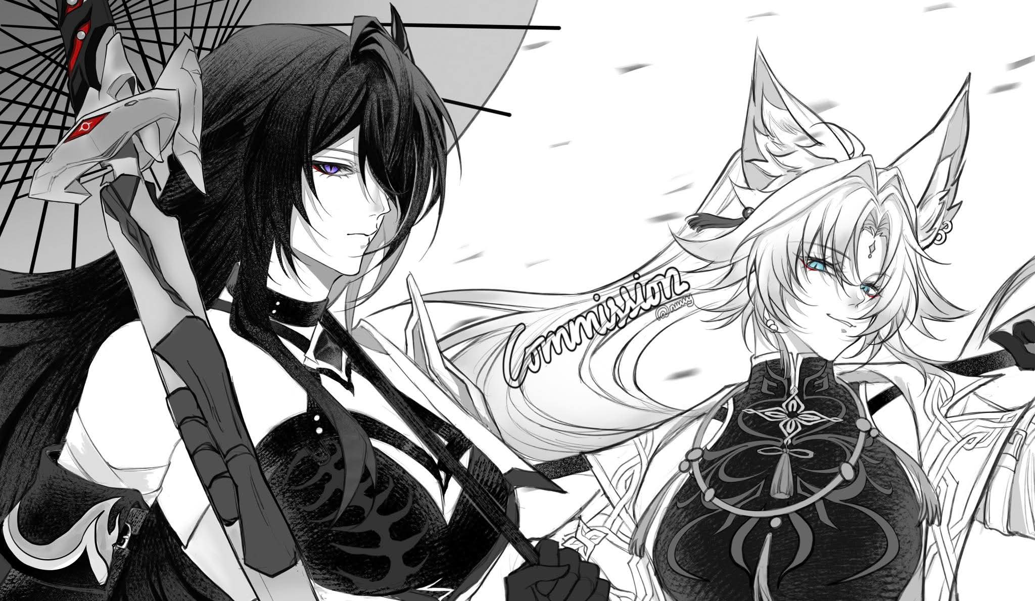 acheron (honkai: star rail), feixiao (honkai: star rail), honkai: star rail, honkai (series), commentary, english commentary, highres, 2girls, animal ear fluff, animal ears, aqua eyes, bandages, breasts, choker, cleavage, crop top, earrings, flame print, fox ears, gloves, greyscale, hair ornament, jacket, jewelry, large breasts, long hair, looking at viewer, monochrome, multiple girls, neck tassel, nuwy 03, oil-paper umbrella, open clothes, open jacket, purple eyes, strap, sword, tassel, umbrella, very long hair, weapon