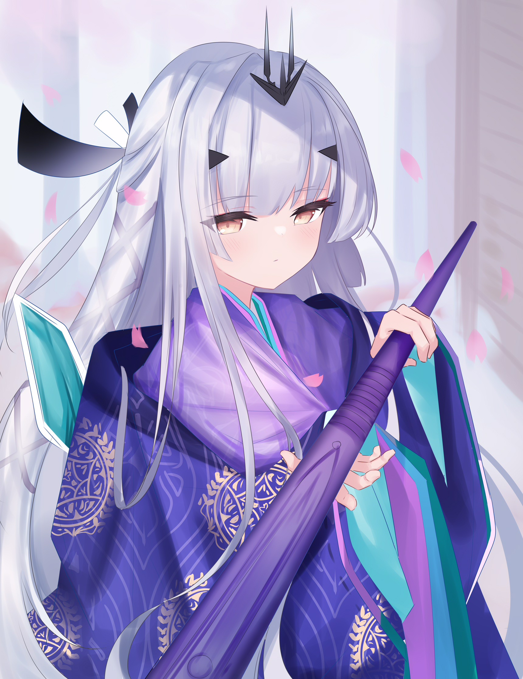 riya (01214), melusine (fate), fate/grand order, fate (series), commentary request, highres, 1girl, brown eyes, closed mouth, grey hair, hands up, headpiece, holding, japanese clothes, karaginu mo, kimono, long hair, long sleeves, looking at viewer, petals, purple kimono, solo, very long hair, wide sleeves