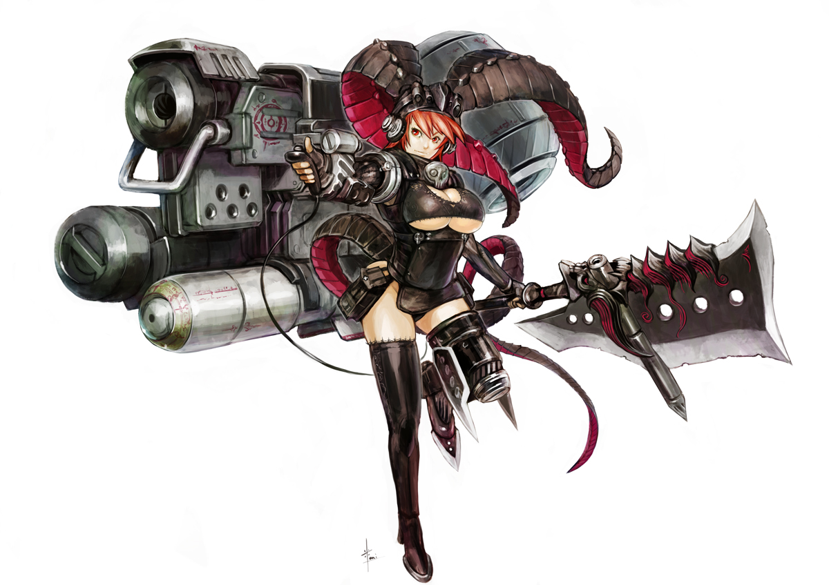 kometani hisanobu, original, armor, axe, boots, breasts, brown hair, full body, gun, hat, horns, huge weapon, large breasts, red eyes, red hair, short hair, skull, solo, sword, tail, thigh boots, thighhighs, underboob, weapon