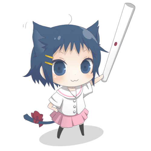 solanari, ikeda kana, saki (manga), lowres, 00s, 1girl, :3, animal ears, blue eyes, blue hair, board game, cat ears, cat tail, chibi, female focus, hair ornament, hairclip, holding tenbou, mahjong, matching hair/eyes, ribbon, school uniform, short hair, skirt, solo, tail, tail ornament, tail ribbon, tenbou, thighhighs, zettai ryouiki