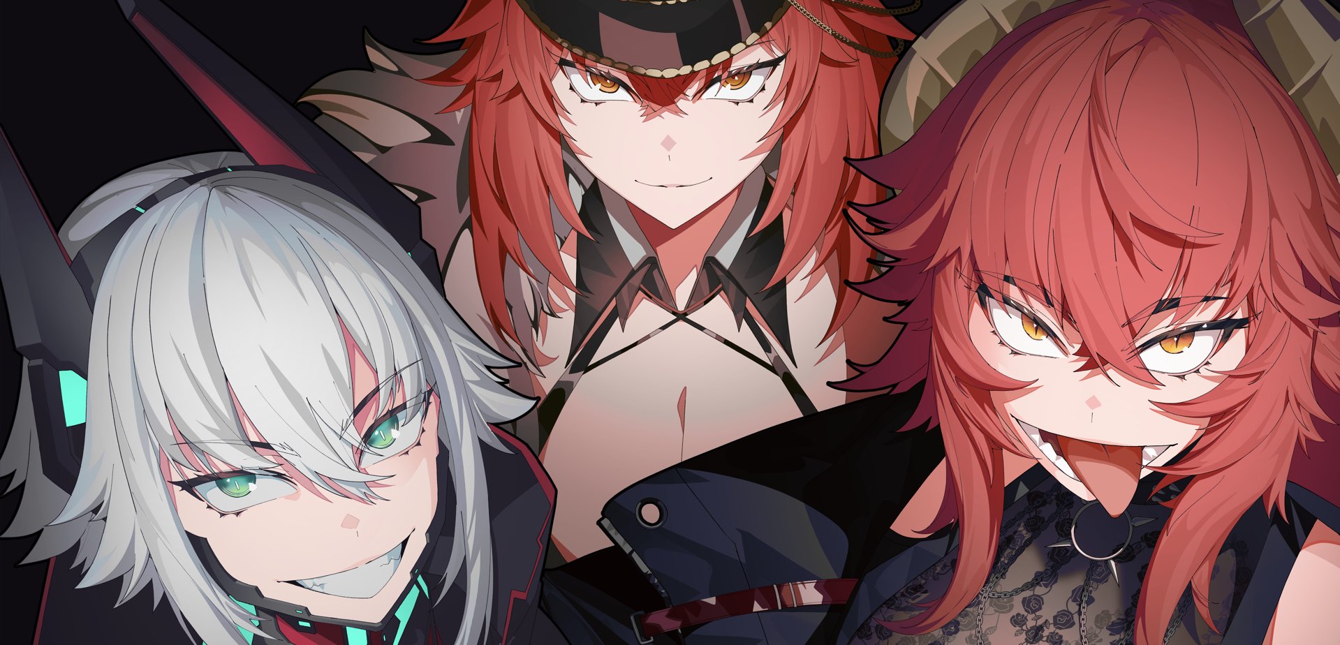 kuroi enpitsu, zentreya, zentreya (commander), zentreya (cyborg), zentreya (cyborg) (1st costume), zentreya (dragon), zentreya (dragon) (metalheads), indie virtual youtuber, highres, 3girls, aqua eyes, black hat, breasts, cleavage, closed mouth, dragon girl, dragon horns, dual persona, fur-trimmed jacket, fur trim, hat, horns, jacket, large breasts, long hair, looking at viewer, medium hair, military hat, military jacket, multiple girls, open mouth, sidelocks, smile, tongue, tongue out, virtual youtuber, yellow eyes