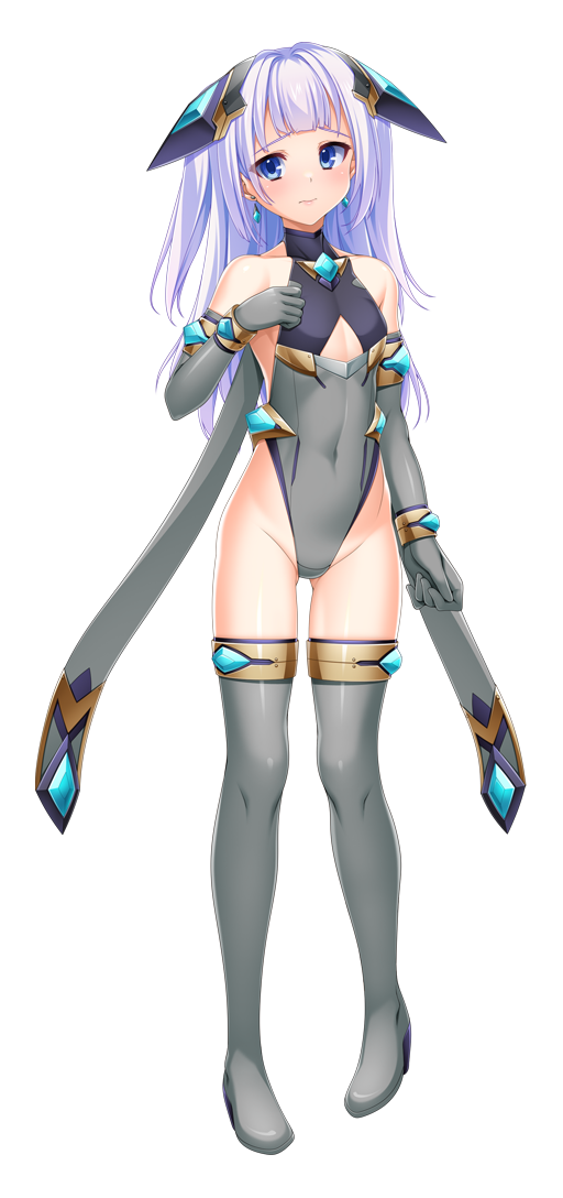 kamitsurugi ouka, sugahara mifuyu, kouyoku senki exs-tia concert, game cg, large variant set, non-web source, official art, variant set, 1girl, bare shoulders, blue eyes, blush, boots, bracelet, breasts, casual, chest jewel, closed mouth, clothing cutout, covered navel, earrings, elbow gloves, exs-tia guilt, full body, gloves, gluteal fold, grey gloves, grey leotard, grey thighhighs, groin, hair ornament, headgear, highleg, highleg leotard, jewelry, leotard, long hair, looking at viewer, magical girl, pigeon-toed, purple hair, small breasts, smile, solo, standing, tachi-e, thigh boots, thighhighs, transparent background, two side up, underboob cutout