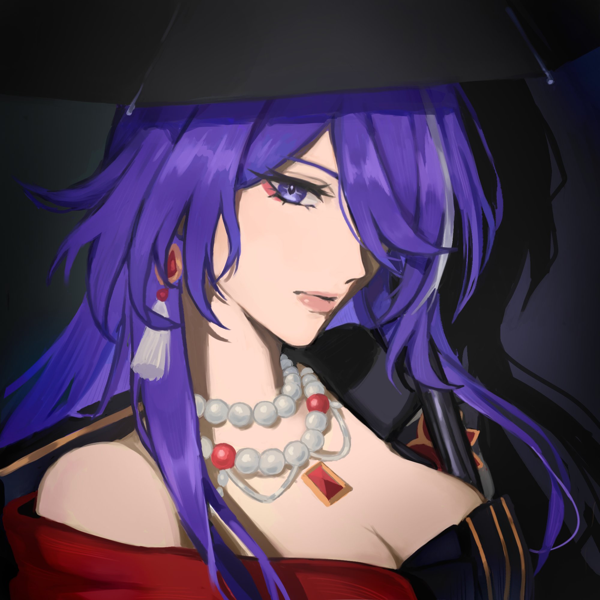 acheron (honkai: star rail), acheron (star rail live 2025) (honkai: star rail), honkai: star rail, honkai (series), highres, 1girl, bead necklace, beads, breasts, cleavage, diamond-shaped pupils, diamond (shape), dress, earrings, gem, hair over one eye, jewelry, long hair, moka no mora, necklace, official alternate costume, open clothes, purple eyes, purple hair, red dress, red eyes, red gemstone, single earring, symbol-shaped pupils, umbrella, very long hair, white streaks