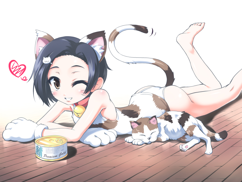 morujii, kobayakawa rinko, love plus, bad id, bad pixiv id, 1girl, animal ears, ass, bare shoulders, barefoot, bell, bob cut, calico (pattern), calico cat, cat, cat ears, cat tail, collar, feet, female focus, kittysuit, neck bell, nontraditional playboy bunny, one-piece swimsuit, one eye closed, school swimsuit, solo, swimsuit, tail, wink