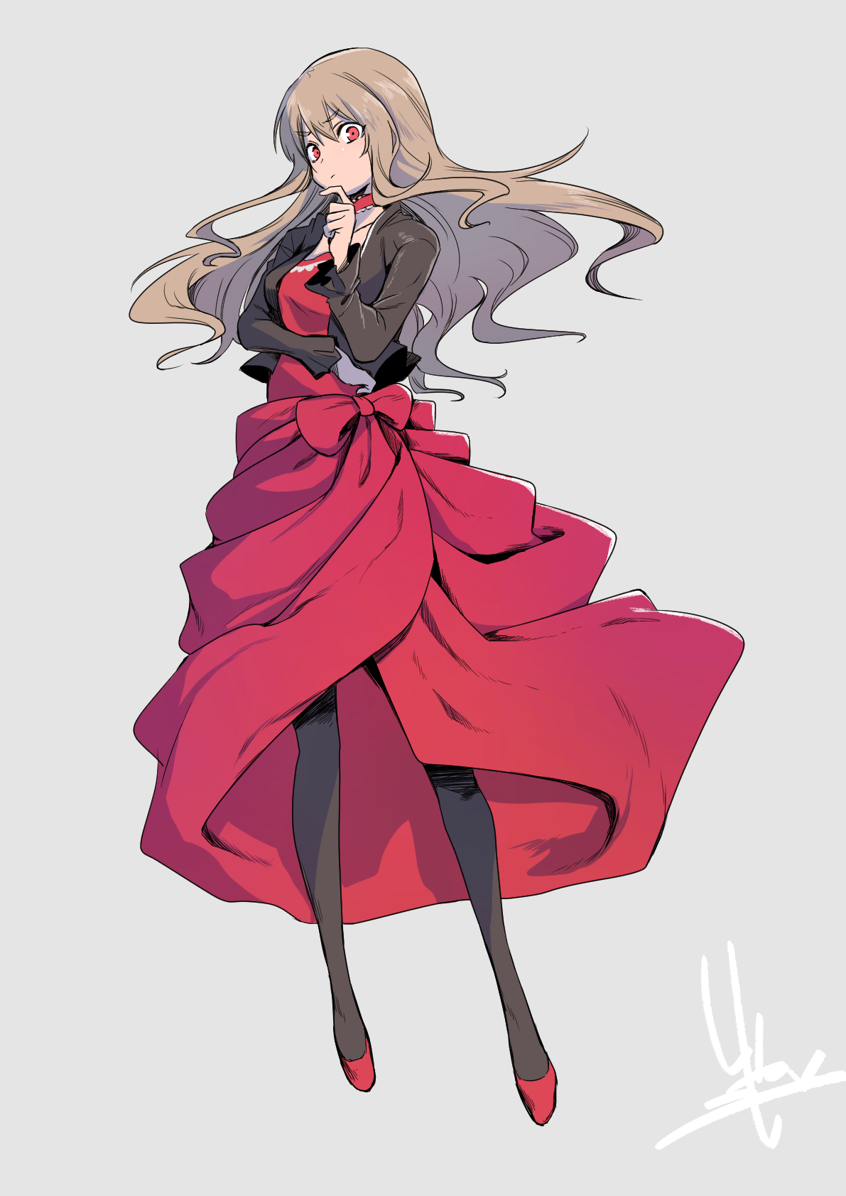 shamoshamo1211, noel cerquetti, higyaku no noel, highres, 1girl, black jacket, black pantyhose, blonde hair, choker, dress, jacket, long hair, pantyhose, red dress, red eyes, solo