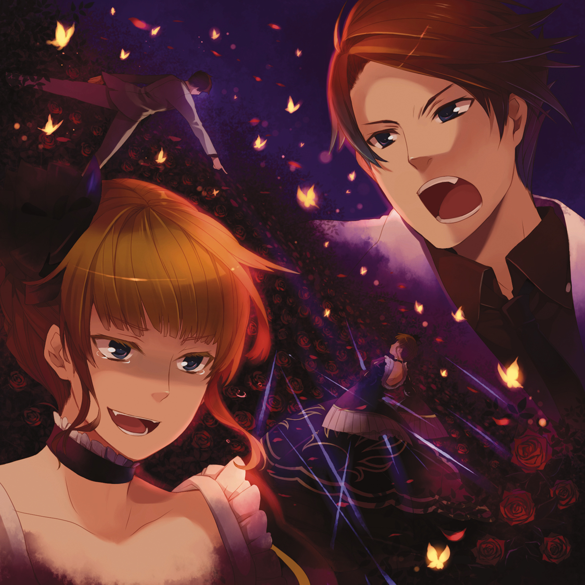 hanokage, beatrice (umineko), ushiromiya battler, umineko no naku koro ni, highres, spoilers, 00s, blonde hair, blue eyes, choker, dress, fang, flower, red hair, short hair, tears