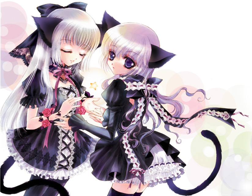 e~ji, 2girls, animal ears, blue eyes, cat ears, cat tail, closed eyes, dress, gothic lolita, lolita fashion, long hair, multiple girls, purple eyes, ribbon, tail, thighhighs, white hair