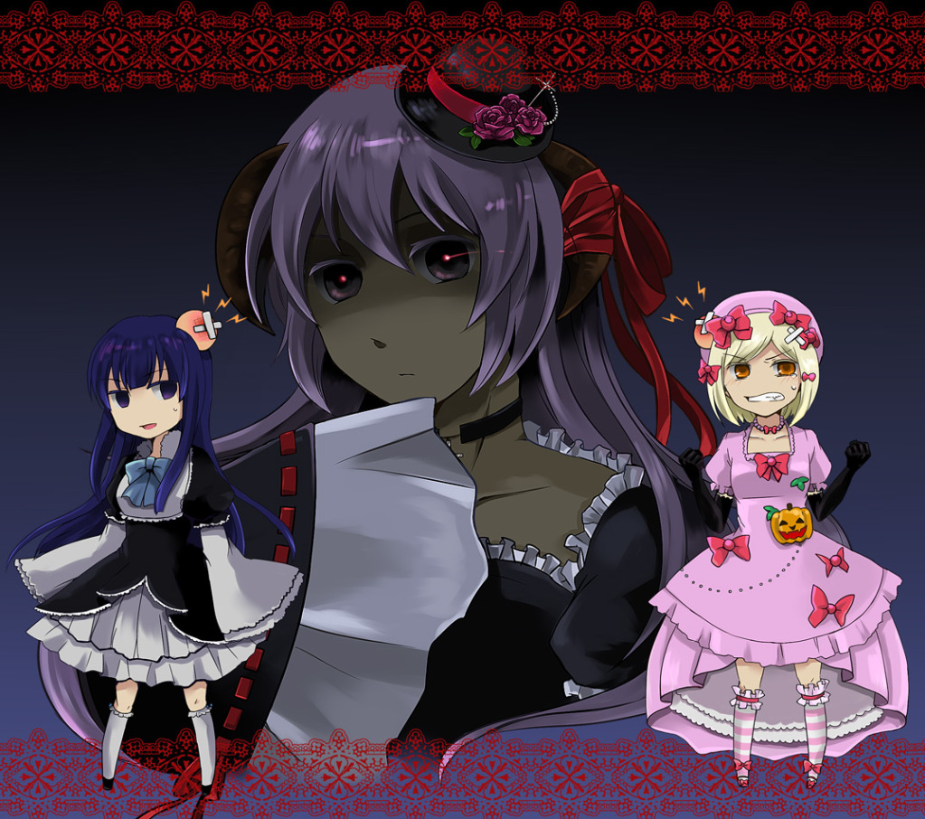 frederica bernkastel, hanyuu, lambdadelta, higurashi no naku koro ni, umineko no naku koro ni, striped, 00s, 3girls, blonde hair, blue eyes, blue hair, bow, brown eyes, choker, crossover, dress, elbow gloves, frills, gloves, hat, horns, in-franchise crossover, jewelry, long hair, multiple girls, necklace, orange eyes, pink dress, pink hat, purple eyes, purple hair, ribbon, short hair, tears