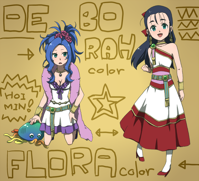 sanndo, deborah (dq5), flora (dq5), healslime, dragon quest, dragon quest v, 2girls, alternate color, aqua eyes, black hair, blue hair, breasts, cleavage, cosplay, costume switch, deborah (cosplay), dress, earrings, flora (cosplay), flower, hair flower, hair ornament, jewelry, kneeling, large breasts, medium breasts, multiple girls, pantyhose, rose, siblings, sisters