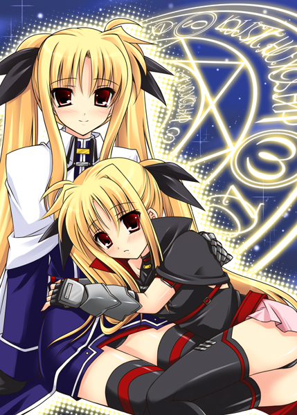 hayashi sakura, fate testarossa, fate testarossa (impulse form), fate testarossa (lightning form), lyrical nanoha, mahou shoujo lyrical nanoha, mahou shoujo lyrical nanoha strikers, 00s, dual persona, hug, magic circle, thighhighs, time paradox, zettai ryouiki