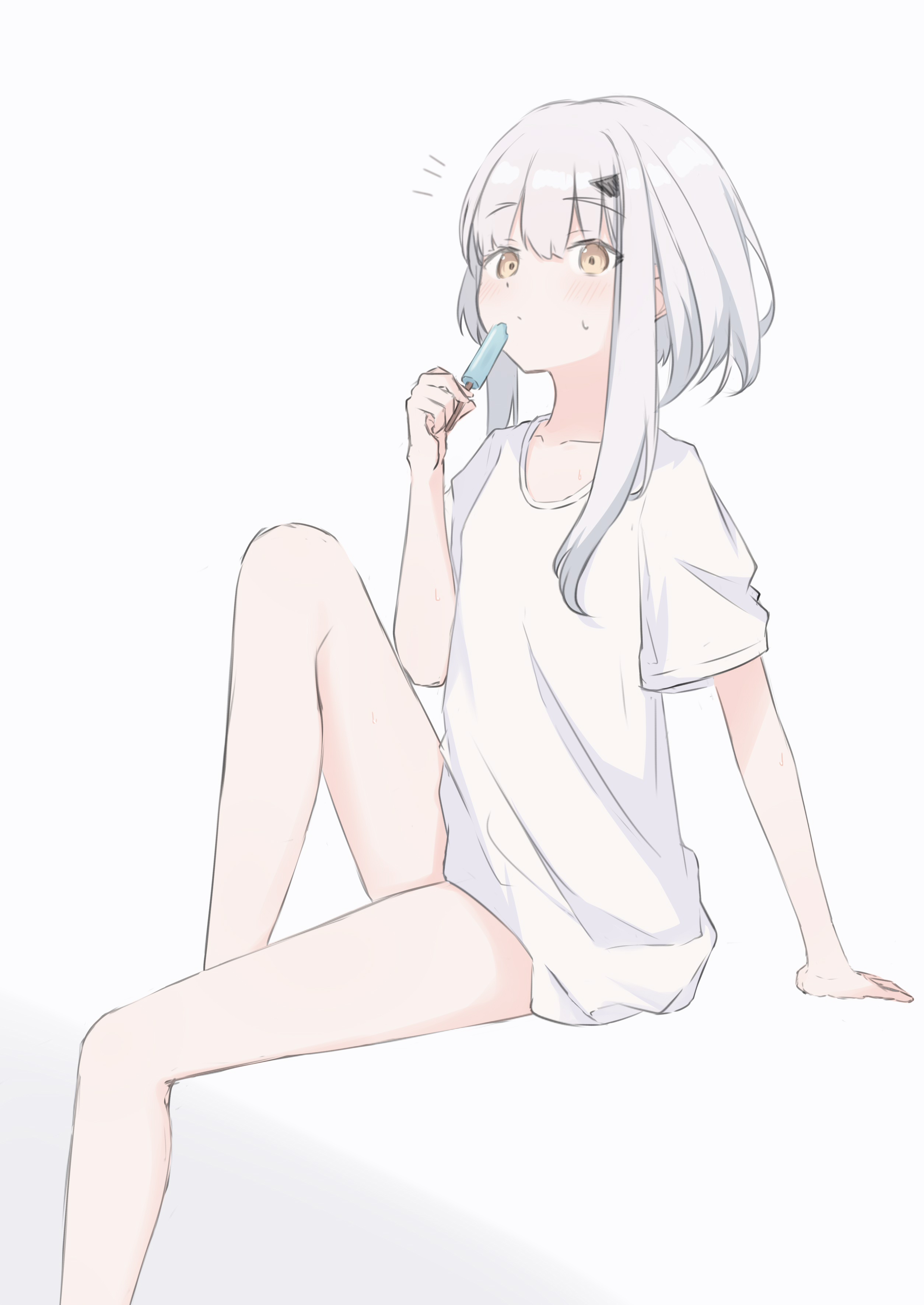 riya (01214), melusine (fate), fate/grand order, fate (series), absurdres, highres, 1girl, arm support, bare legs, blush, brown eyes, closed mouth, collarbone, feet out of frame, food, grey hair, holding, holding food, knee up, long hair, looking at viewer, notice lines, popsicle, shirt, short sleeves, sitting, small sweatdrop, solo, sweat, white background, white shirt