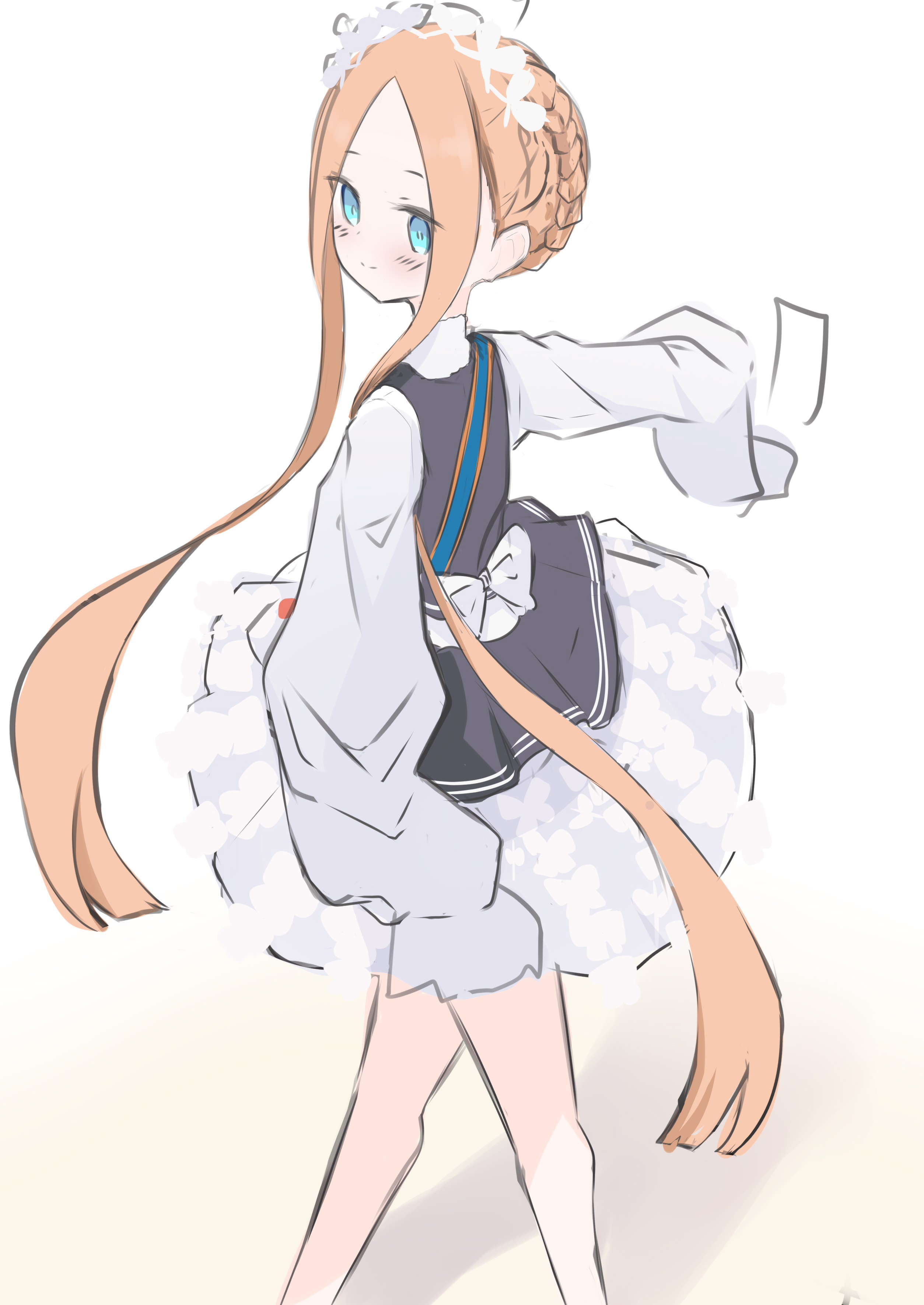 riya (01214), abigail williams (fate), abigail williams (festival outfit) (fate), fate/grand order, fate (series), absurdres, highres, 1girl, black dress, blonde hair, blue eyes, blush, bow, braid, closed mouth, dress, feet out of frame, forehead, long hair, long sleeves, parted bangs, sleeveless, sleeveless dress, sleeves past fingers, sleeves past wrists, smile, solo, standing, very long hair, white background, white bow