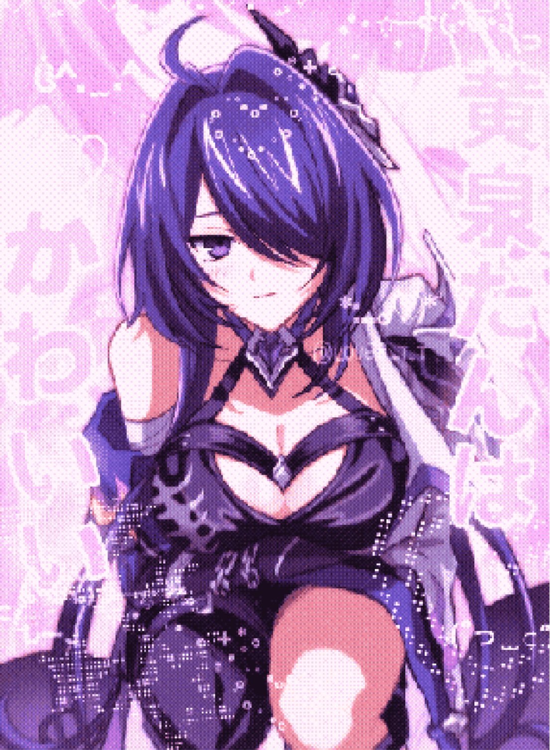 l0ver t t, acheron (honkai: star rail), honkai: star rail, honkai (series), commentary request, highres, 1girl, ahoge, asymmetrical legwear, blush, breasts, chain, cleavage, crop top, hair ornament, hair over one eye, large breasts, long hair, looking at viewer, open clothes, pink background, pixelated, purple eyes, purple hair, single bare shoulder, strap, very long hair