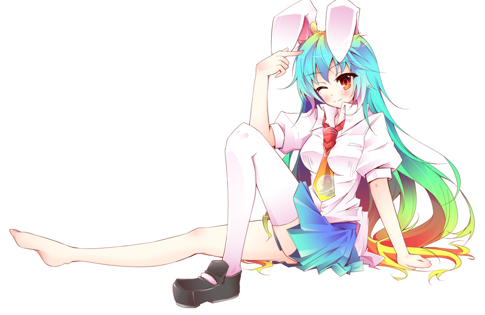 nanamomo rio, nanamomorio, reisen udongein inaba, touhou, 1girl, animal ears, asymmetrical clothes, barefoot, feet, female focus, gradient hair, long hair, moon, multicolored hair, necktie, rabbit ears, red eyes, shoes, single shoe, single thighhigh, solo, thighhighs, very long hair, zettai ryouiki