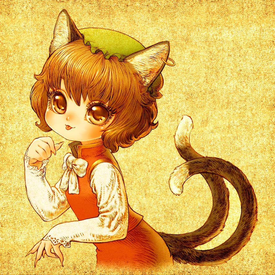 souri, chen, touhou, bad id, bad pixiv id, 1girl, animal ears, brown hair, cat ears, cat girl, cat tail, earrings, female focus, hat, jewelry, multiple tails, short hair, solo, tail