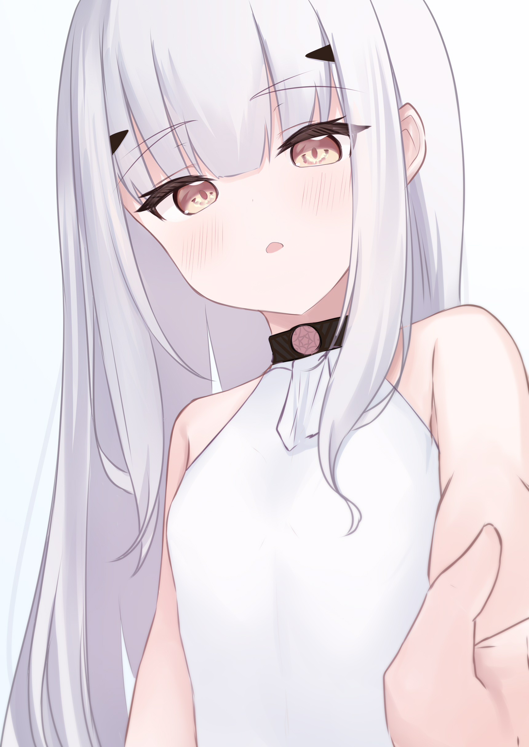 riya (01214), melusine (fate), fate/grand order, fate (series), absurdres, commentary request, highres, 1girl, bare arms, bare shoulders, blush, breasts, brown eyes, grey hair, long hair, looking at viewer, one-piece swimsuit, parted lips, small breasts, solo, swimsuit, upper body, white one-piece swimsuit