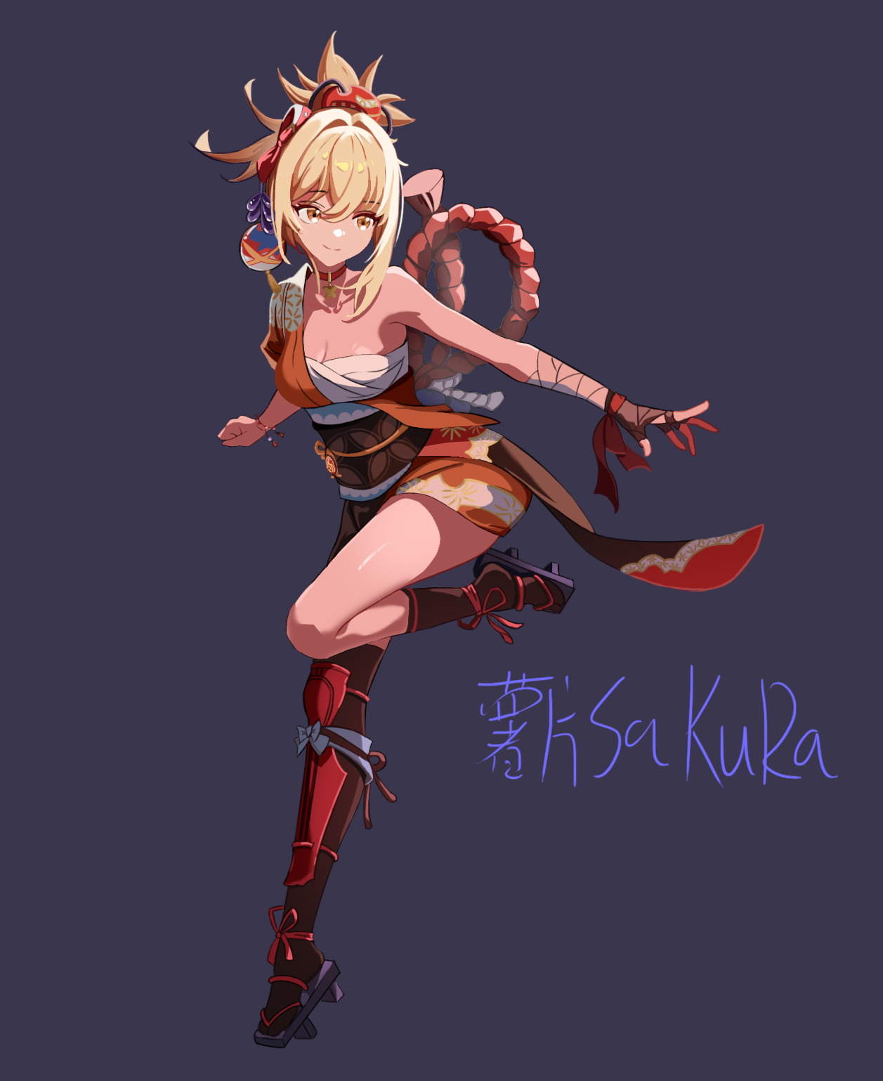 yoimiya (genshin impact), genshin impact, commentary request, highres, 1girl, asymmetrical hair, asymmetrical legwear, bandaged arm, bandages, blonde hair, breasts, brown gloves, cleavage, fingerless gloves, full body, geta, gloves, japanese clothes, kimono, obi, orange kimono, purple background, rope, sash, shupianxin, simple background, single bare shoulder, single fingerless glove, solo, standing, standing on one leg, yellow eyes
