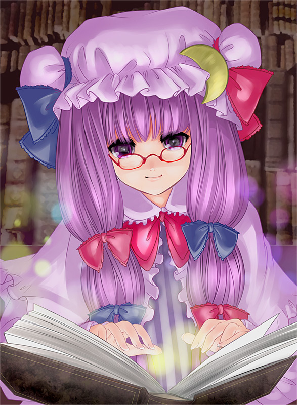 kubozuka pikurou, patchouli knowledge, touhou, bad id, bad pixiv id, 1girl, bespectacled, book, female focus, glasses, hat, long hair, purple eyes, purple hair, solo
