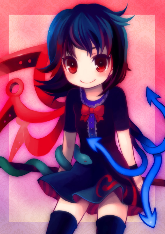 nishiki koi, houjuu nue, touhou, 1girl, black hair, black thighhighs, dress, female focus, red eyes, short hair, snake, solo, thighhighs, wings, zettai ryouiki