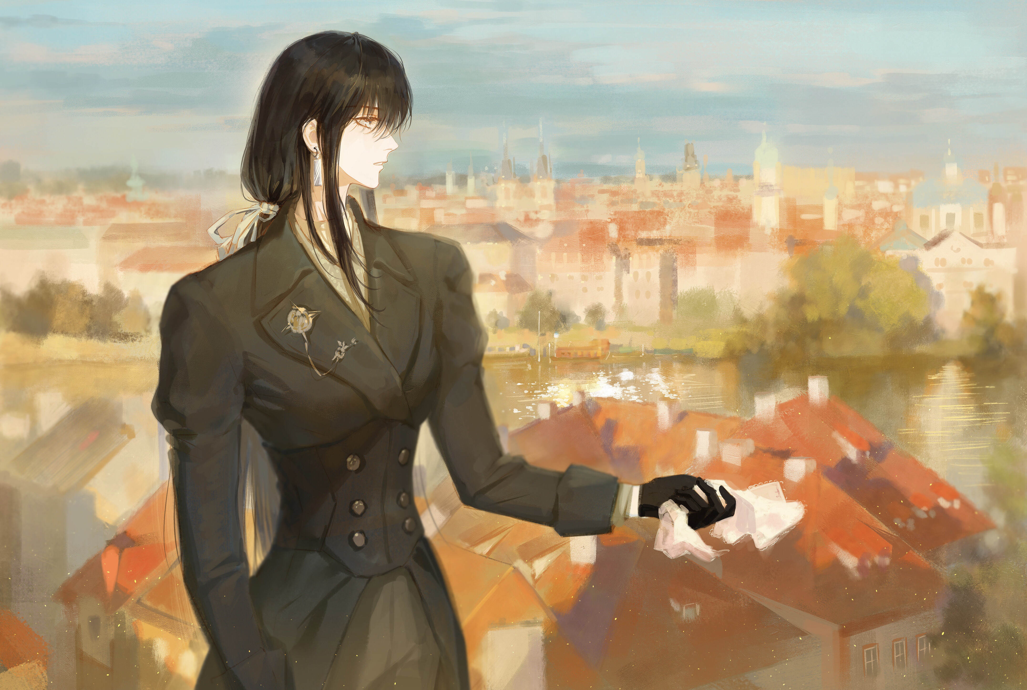 luori dianxin, rahu (path to nowhere), path to nowhere, absurdres, chinese commentary, commentary request, highres, 1girl, black coat, black corset, black gloves, black hair, black pants, blue sky, building, buttons, city, coat, corset, cowboy shot, day, double-breasted, earrings, formal clothes, gloves, hair ribbon, handkerchief, holding, holding handkerchief, house, jewelry, lapel pin, lapels, light particles, long hair, long sleeves, outdoors, pants, parted lips, profile, ribbon, river, sidelocks, sky, solo, white ribbon