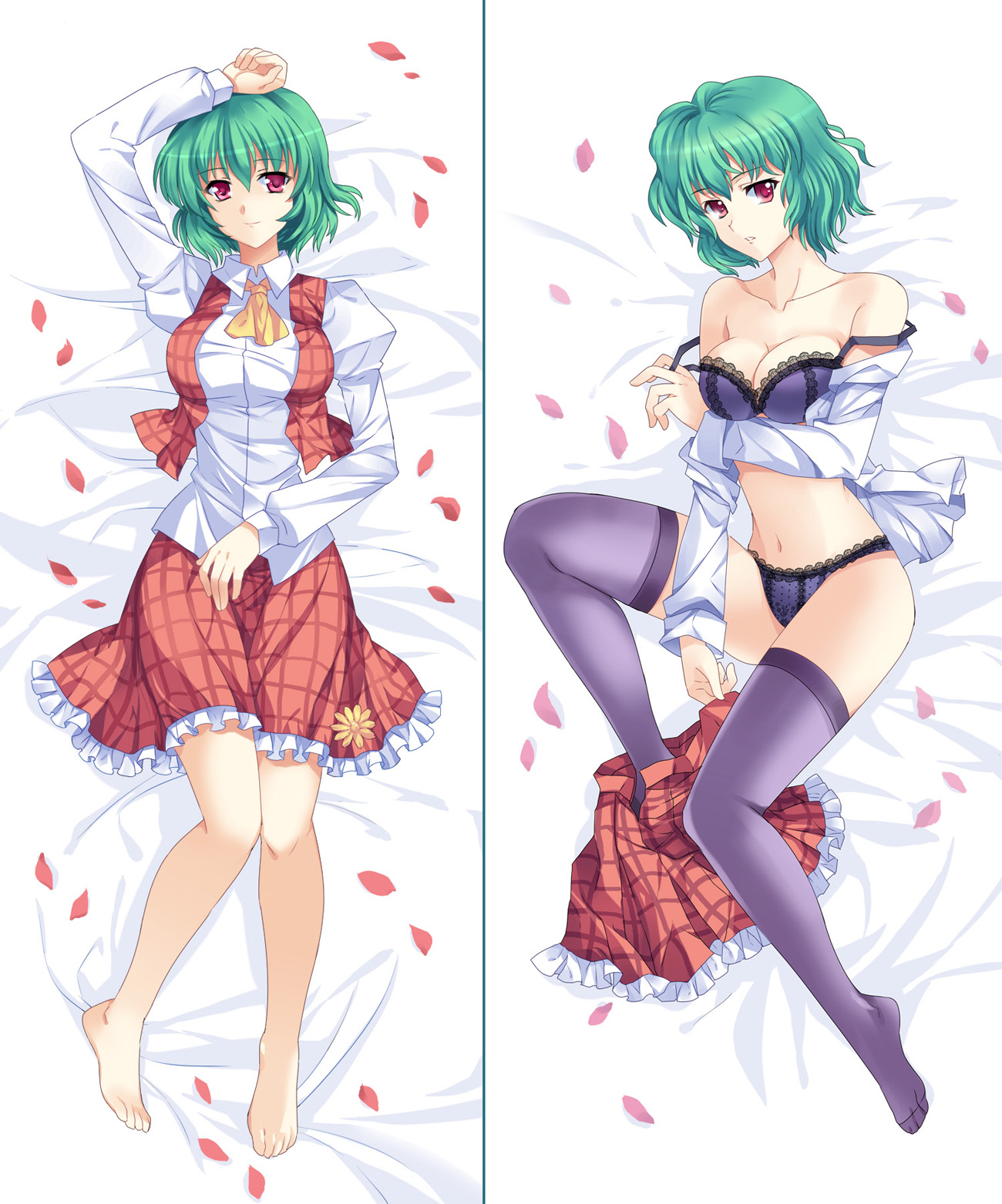 pico (picollector79), kazami yuuka, touhou, bad id, bad pixiv id, highres, 1girl, arm up, ascot, barefoot, bed, bra, breasts, cleavage, dakimakura (medium), feet, female focus, green hair, lace, lace-trimmed bra, lace-trimmed panties, lace trim, large breasts, legs, lingerie, lying, multiple views, off shoulder, on back, open clothes, open shirt, panties, pantyshot, plaid clothes, plaid skirt, plaid vest, purple thighhighs, red eyes, shirt, short hair, skirt, skirt set, strap slip, thighhighs, underwear, underwear only, upskirt, vest