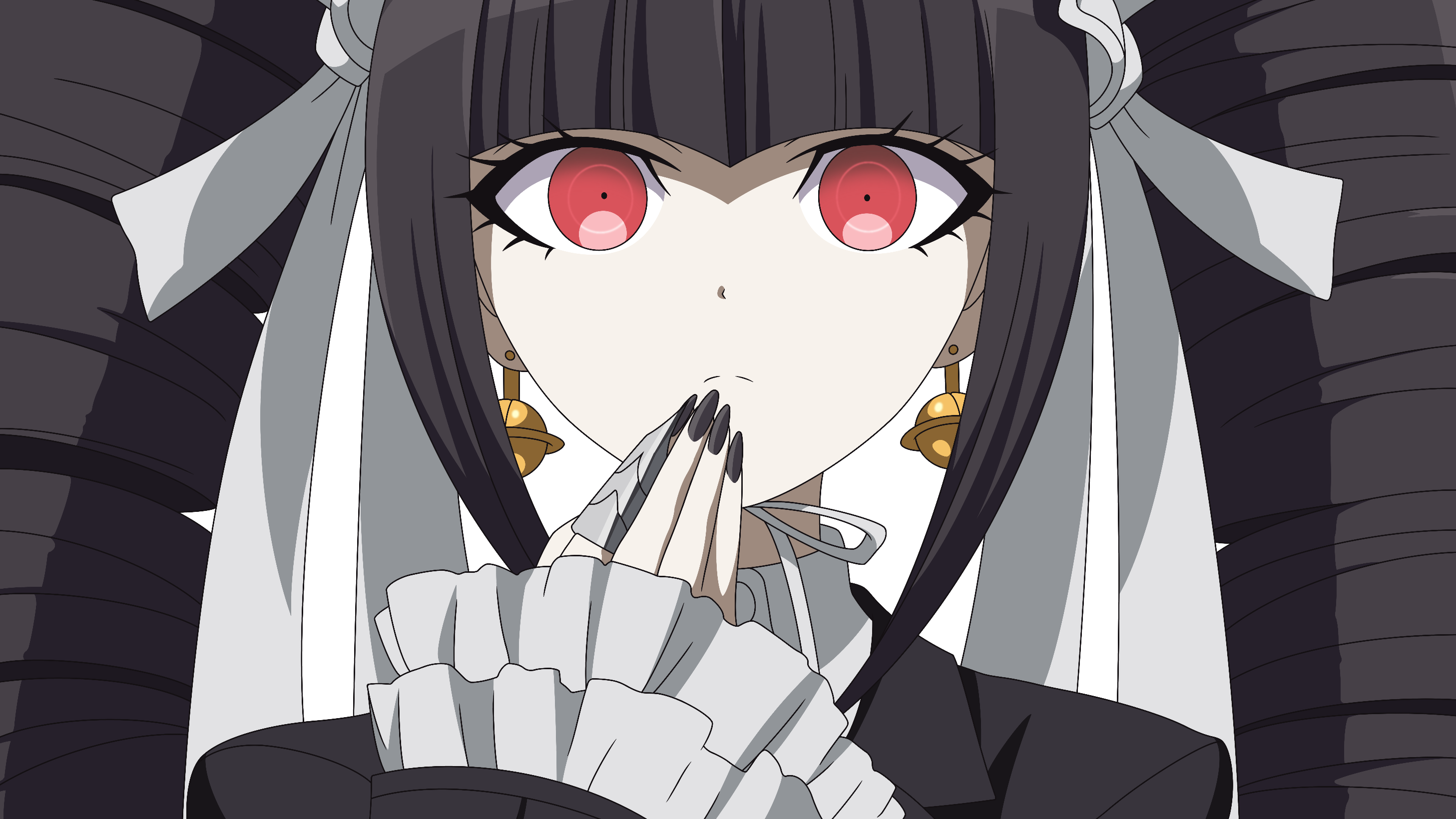 quelcom, celestia ludenberg, danganronpa: trigger happy havoc, danganronpa (series), commentary, derivative work, highres, 1girl, black hair, black nails, close-up, closed mouth, drill hair, earrings, eyelashes, fingernails, frilled sleeves, frills, hair ribbon, jewelry, long hair, long sleeves, nail polish, neck ribbon, pale skin, red eyes, ribbon, shadow, simple background, solo, straight-on, twin drills, twintails, white background, white ribbon