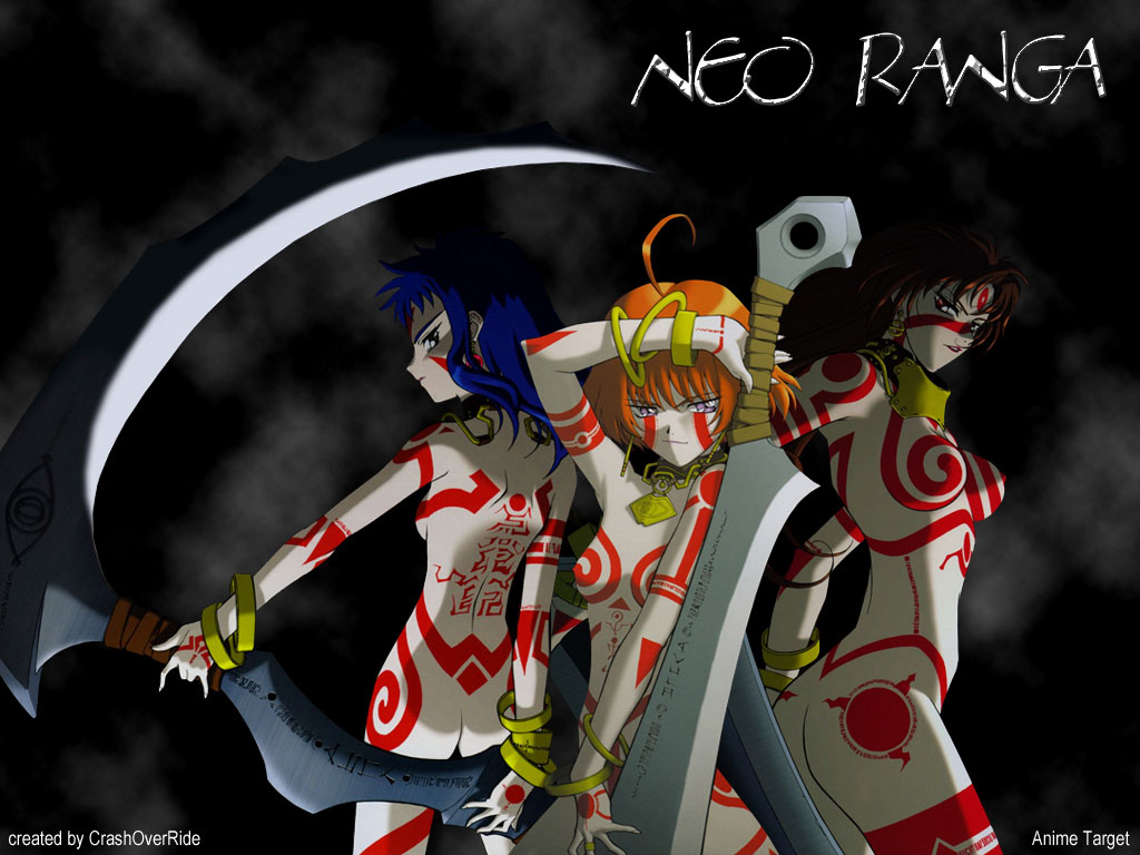 shimabara minami, shimabara ushio, shimabara yuuhi, neo ranga, 1990s (style), anklet, blue hair, bodypaint, brown eyes, brown hair, jewelry, long hair, lots of jewelry, naked paint, nude, orange hair, purple eyes, short hair, sword, weapon