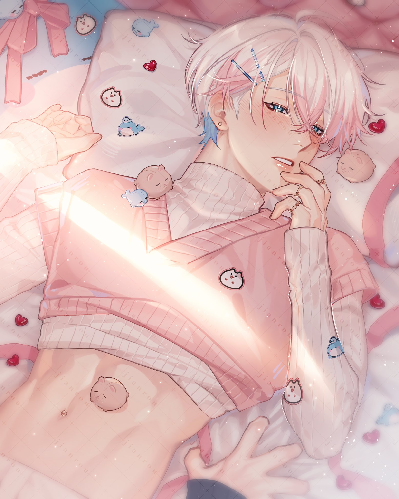 rourouki, original, highres, 2boys, blue eyes, blue hair, blush, lying, male focus, midriff, multicolored hair, multiple boys, navel, navel piercing, open clothes, open shirt, piercing, pillow, pink hair, pink sweater vest, stomach, streaked hair, sweater, sweater vest, teeth, white hair, white sweater, yaoi