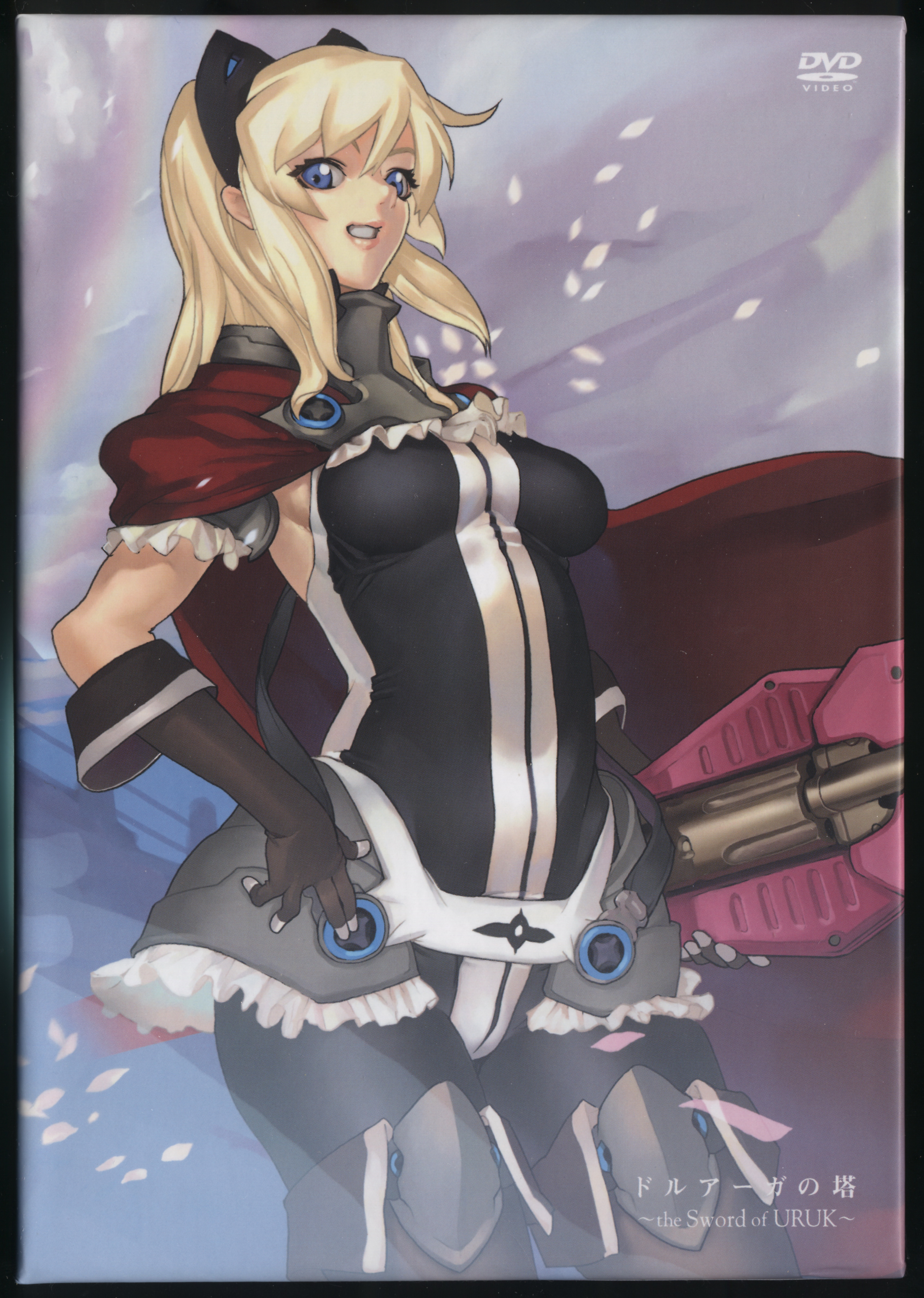 hakua ugetsu, fatina, fatina (druaga), babylonian castle saga, bandai namco, druaga no tou, absurdres, highres, scan, 1girl, blonde hair, boots, breasts, cover, dvd cover, female focus, gradient background, outdoors, pantyhose, sky, solo, thigh boots, thighhighs