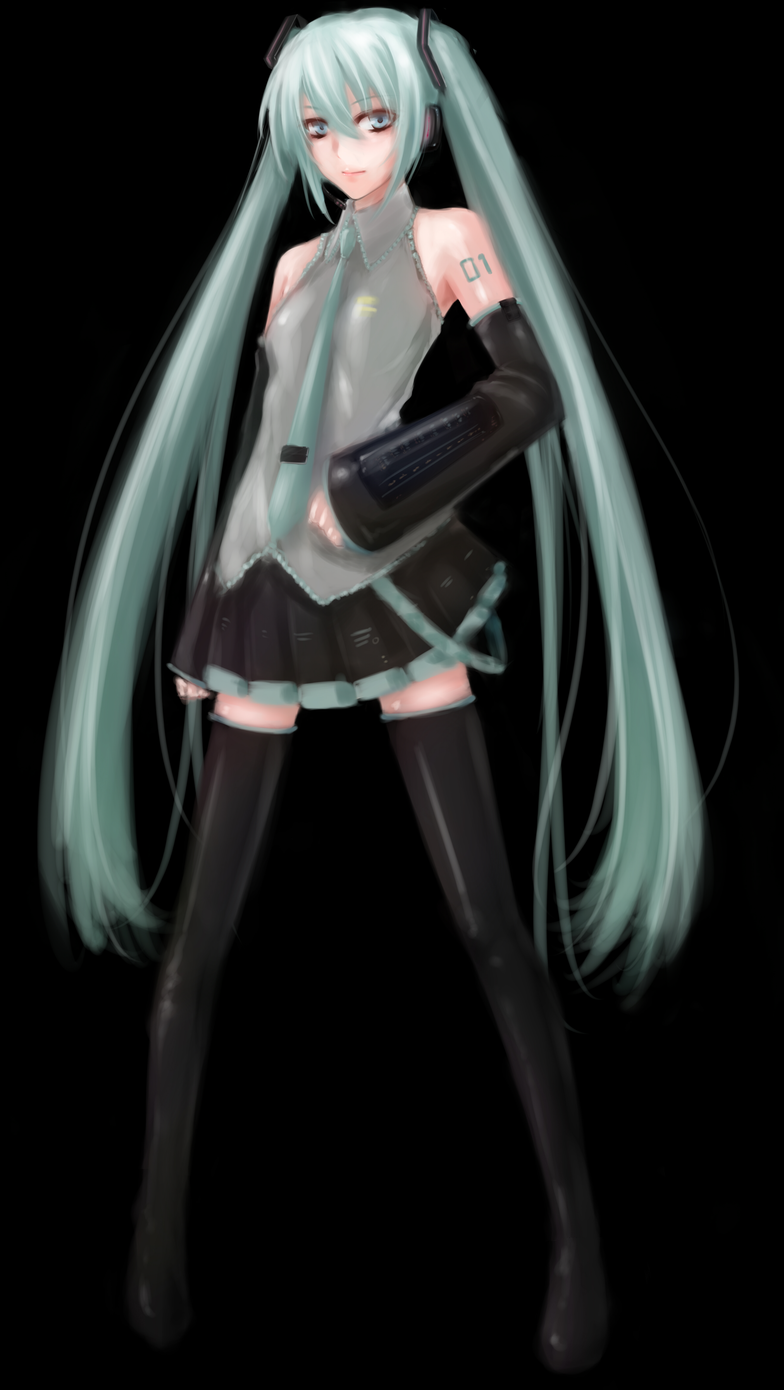 prime (prime tw), hatsune miku, vocaloid, absurdres, bad id, bad pixiv id, highres, 1girl, aqua eyes, aqua hair, bare shoulders, black thighhighs, detached sleeves, female focus, full body, long hair, necktie, simple background, smile, solo, thighhighs, twintails