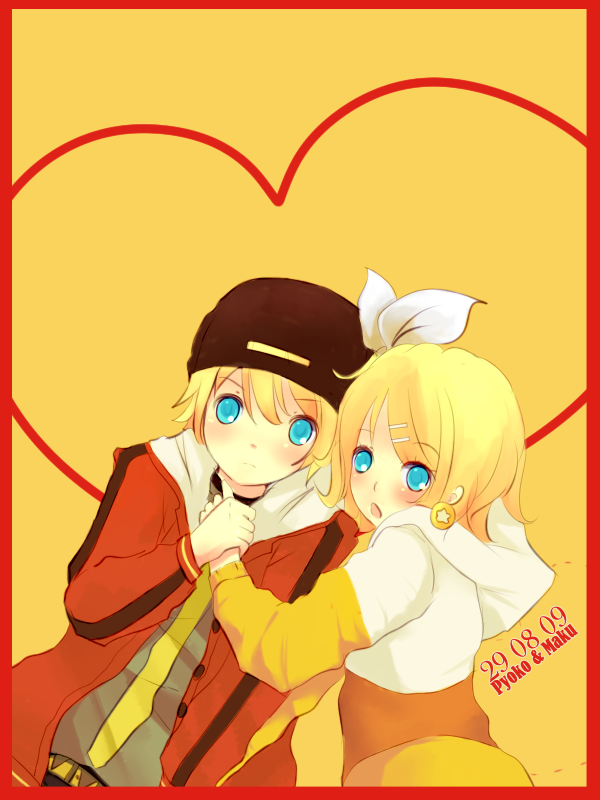 01 (mikusha), kagamine len, kagamine rin, juvenile (vocaloid), vocaloid, 1boy, 1girl, aqua eyes, blonde hair, blush, border, brother and sister, casual, earrings, hair ornament, hair ribbon, hairclip, hetero, holding hands, hood, hoodie, jewelry, red border, ribbon, short hair, siblings, twins