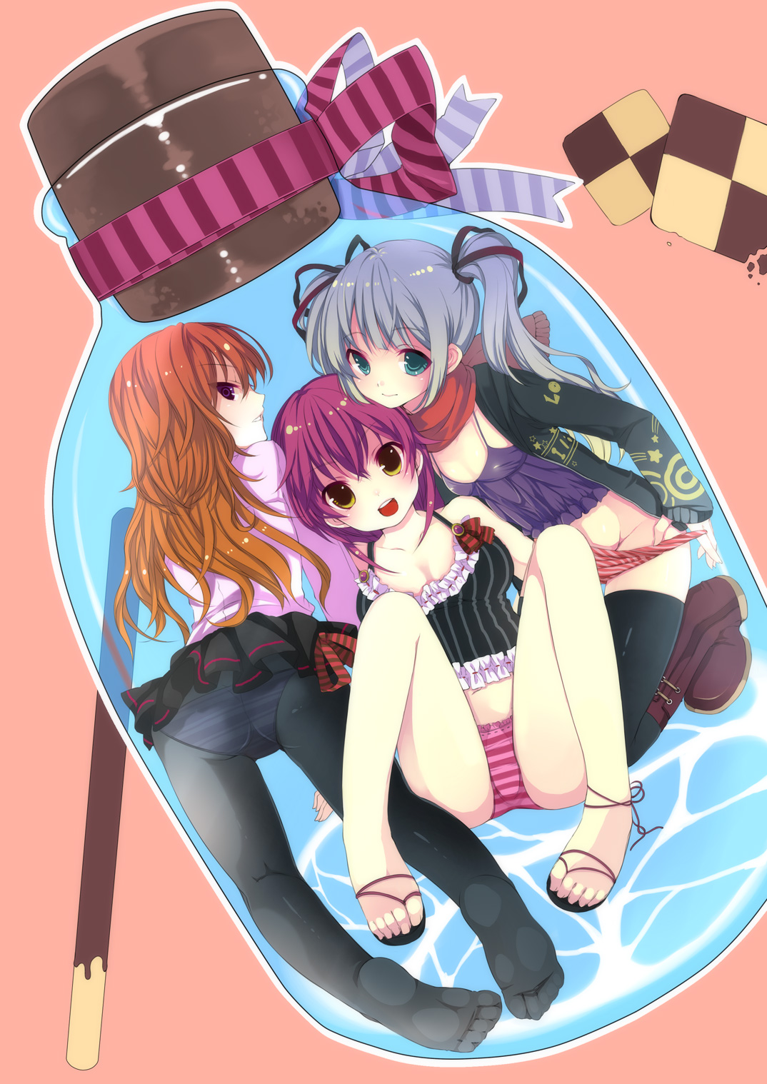 hase neet, touhou, bad id, bad pixiv id, highres, 3:, 3girls, :d, blue eyes, blue hair, boots, bottle, camisole, checkerboard cookie, cookie, feet, female focus, food, girl sandwich, in bottle, in container, multiple girls, no shoes, no socks, open mouth, orange hair, panties, panties under pantyhose, panty pull, pantyhose, parted lips, pocky, profile, pulling own clothes, purple eyes, purple hair, sandals, sandwiched, scarf, smile, striped clothes, striped panties, twintails, underwear