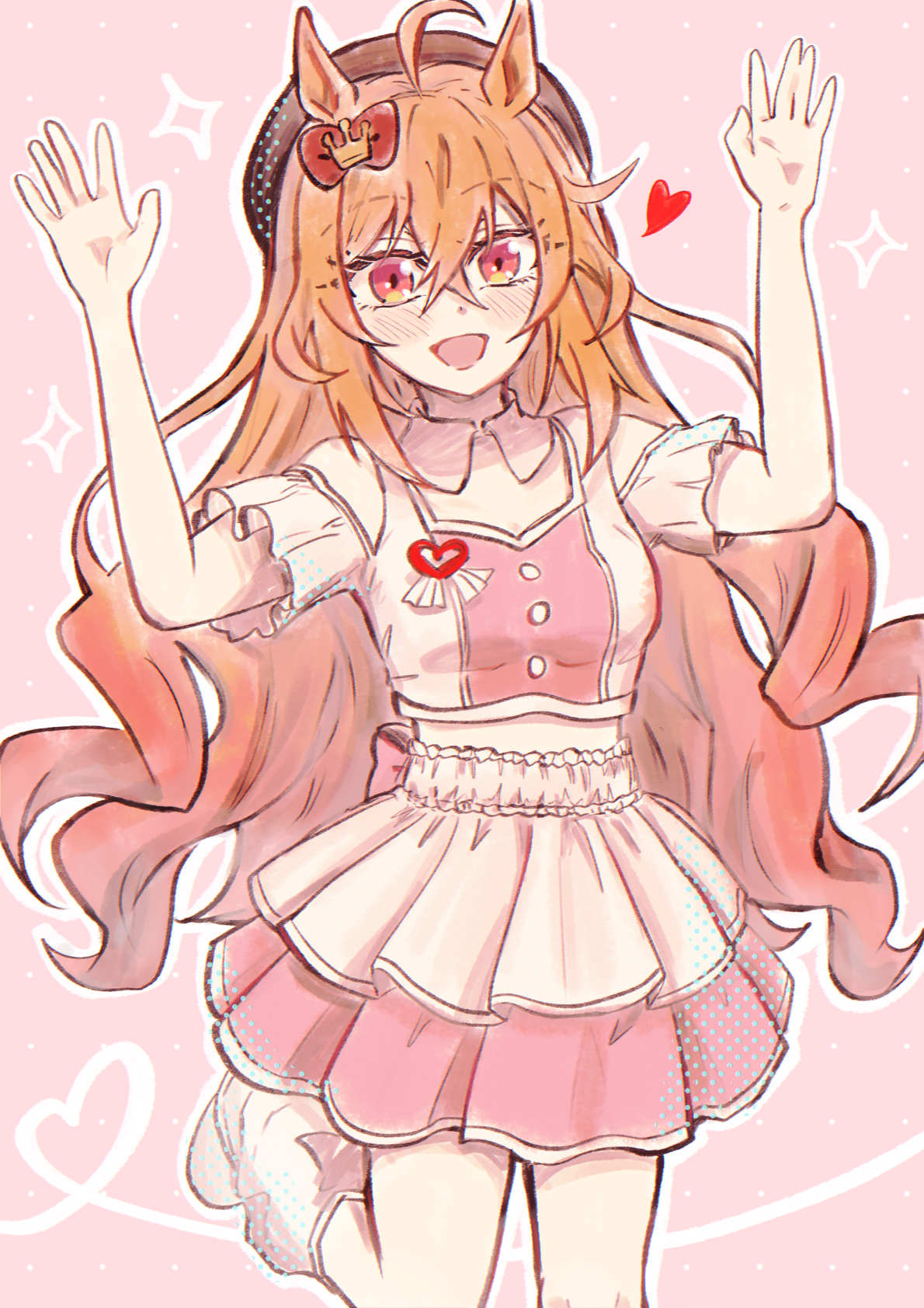 the royal family (tv series), umamusume, commentary request, highres, 1girl, ahoge, alternate costume, animal ears, arms at sides, beret, blue eyes, breasts, collarbone, hair between eyes, hair ornament, hat, heart, horse ears, horse girl, long hair, looking at viewer, meni shuki rush-sshu!, open mouth, orange eyes, orange hair, pink background, ribbon, royal family (the royal family), sasa no cha, small breasts, solo