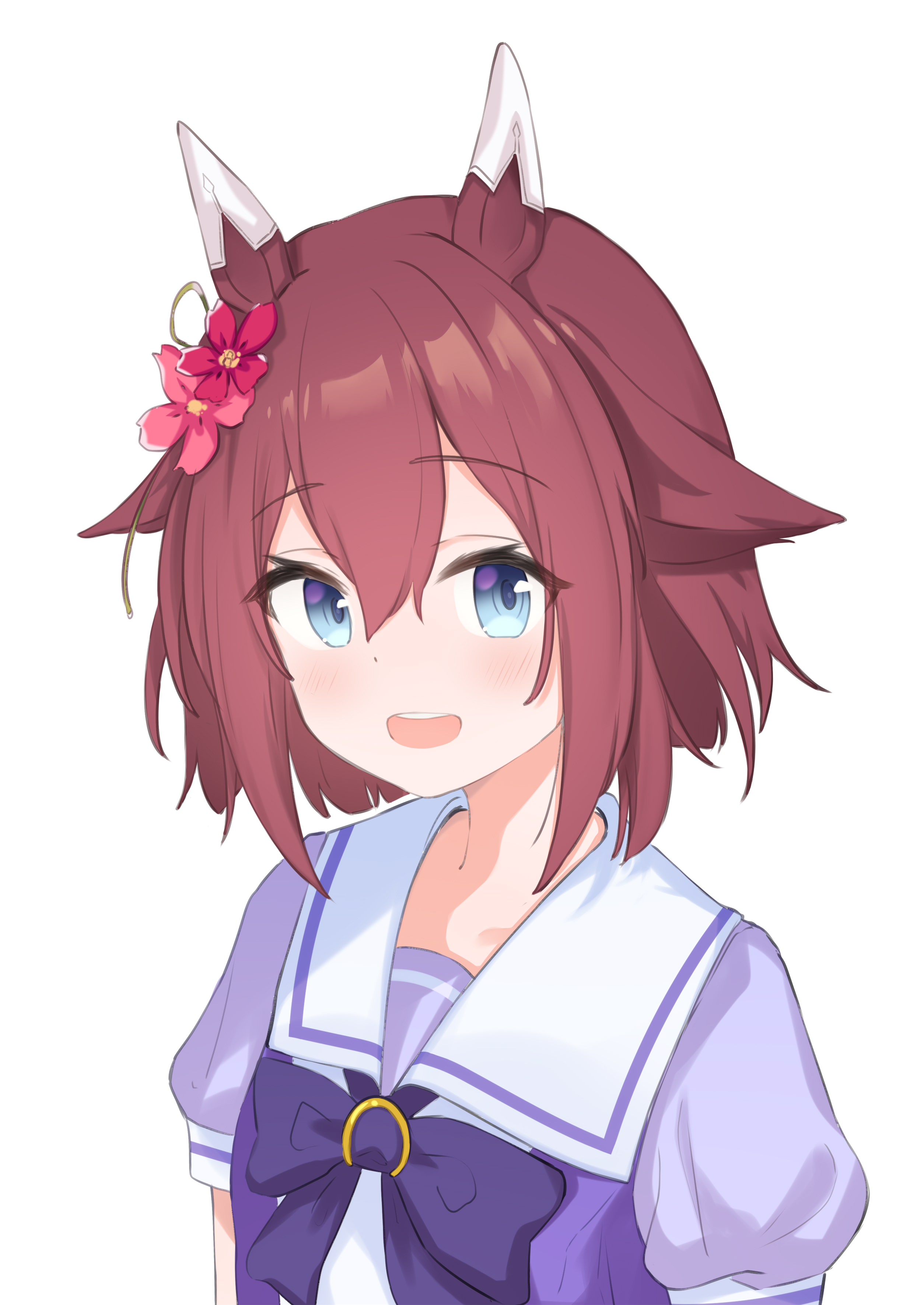 riya (01214), sakura chiyono o (umamusume), umamusume, absurdres, commentary request, highres, 1girl, :d, animal ears, blue eyes, blush, bow, brown hair, flower, hair between eyes, hair flaps, hair flower, hair ornament, horse ears, looking at viewer, open mouth, pink flower, puffy short sleeves, puffy sleeves, purple bow, purple shirt, red flower, shirt, short sleeves, simple background, smile, solo, teeth, upper body, upper teeth only, white background
