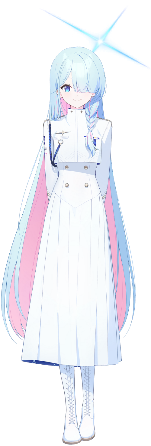 general student council president (blue archive), blue archive, highres, official art, source request, 1girl, aqua hair, blue eyes, blunt bangs, boots, braid, colored inner hair, full body, hair over one eye, halo, lace-up boots, long bangs, long hair, long sleeves, looking at viewer, multicolored hair, parted bangs, school uniform, shirt, sidelocks, simple background, single braid, skirt, smile, solo, standing, tachi-e, two-tone hair, very long hair, white shirt, white skirt