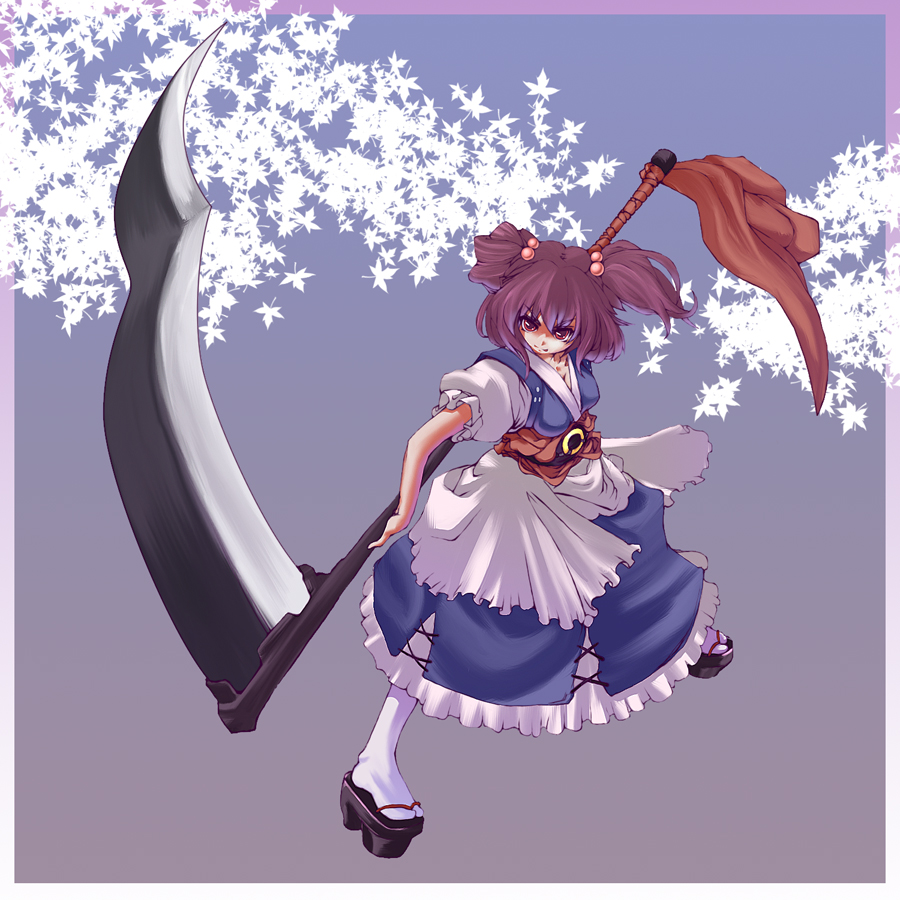 w3wcool, onozuka komachi, touhou, 1girl, breasts, female focus, geta, gradient background, hair bobbles, hair ornament, okobo, platform sandals, red eyes, red hair, sandals, scythe, short hair, solo, twintails, two side up