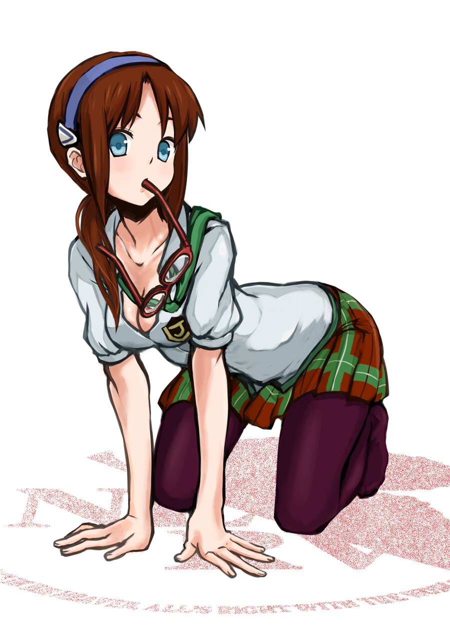 shuuhei (artist), shuuhei (shoohey), makinami mari illustrious, evangelion: 2.0 you can (not) advance, neon genesis evangelion, rebuild of evangelion, highres, 00s, 1girl, all fours, breasts, cleavage, female focus, glasses, mouth hold, pantyhose, plaid clothes, plaid skirt, skirt, solo