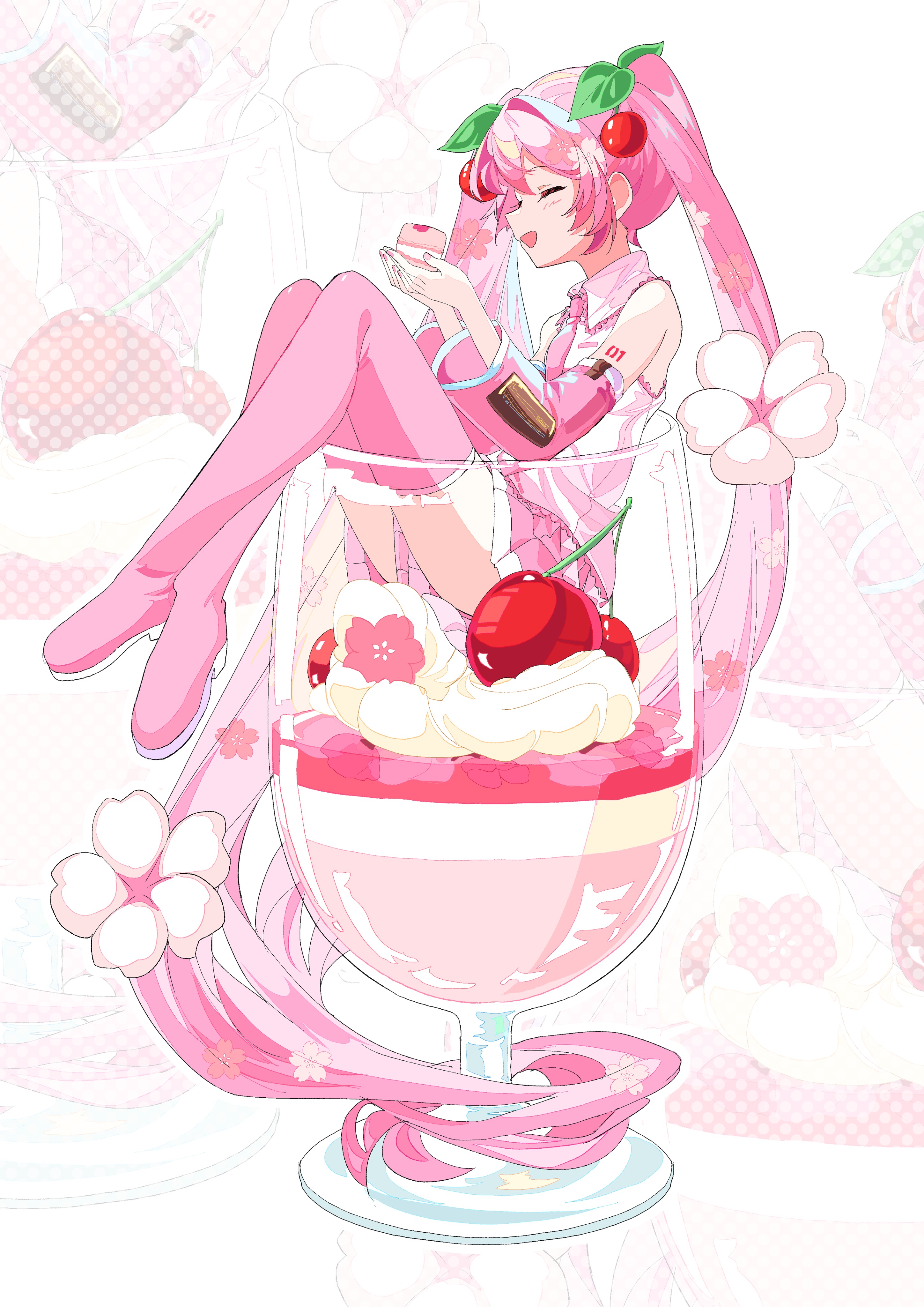 kasaki sakura, hatsune miku, sakura miku, vocaloid, absurdres, commentary request, highres, 1girl, arm tattoo, boots, cherry, cherry hair ornament, closed eyes, collared shirt, dessert, detached sleeves, food, food-themed hair ornament, from side, fruit, glass, hair between eyes, hair ornament, holding, holding food, ice cream, light blush, long hair, long sleeves, miniskirt, number tattoo, open mouth, pink boots, pink hair, pink skirt, pink sleeves, pleated skirt, shirt, skirt, sleeveless, sleeveless shirt, smile, solo, tattoo, thigh boots, very long hair, white shirt, wide sleeves