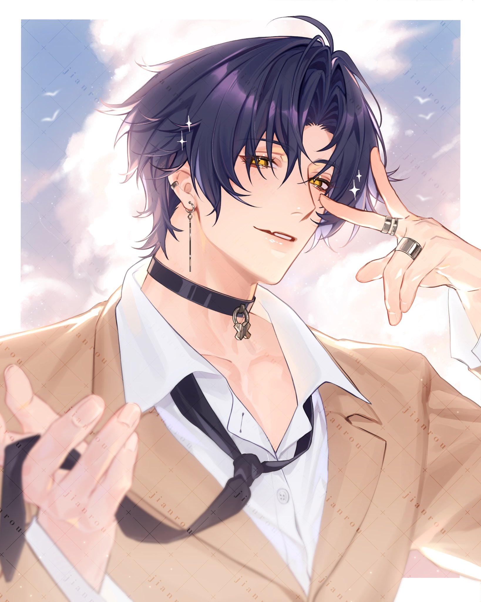 rourouki, asaba harumasa, zenless zone zero, highres, 1boy, black choker, black hair, black necktie, brown jacket, choker, earrings, jacket, jewelry, male focus, necktie, shirt, short hair, smile, solo, v, v over eye, white shirt, yellow eyes