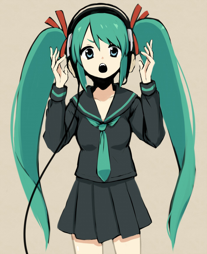 shuuhei (artist), shuuhei (shoohey), hatsune miku, vocaloid, 1girl, female focus, headphones, long hair, school uniform, simple background, solo, twintails, very long hair