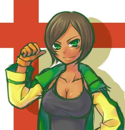 rukusorashiro, sorashiro ruku, maria torres, chou shittou caduceus, hospital rokunin no ishi, lowres, 1girl, breasts, brown hair, camisole, cleavage, dark-skinned female, dark skin, female focus, gloves, green eyes, jacket, large breasts, pointing, short hair, smile, solo, thumbs up