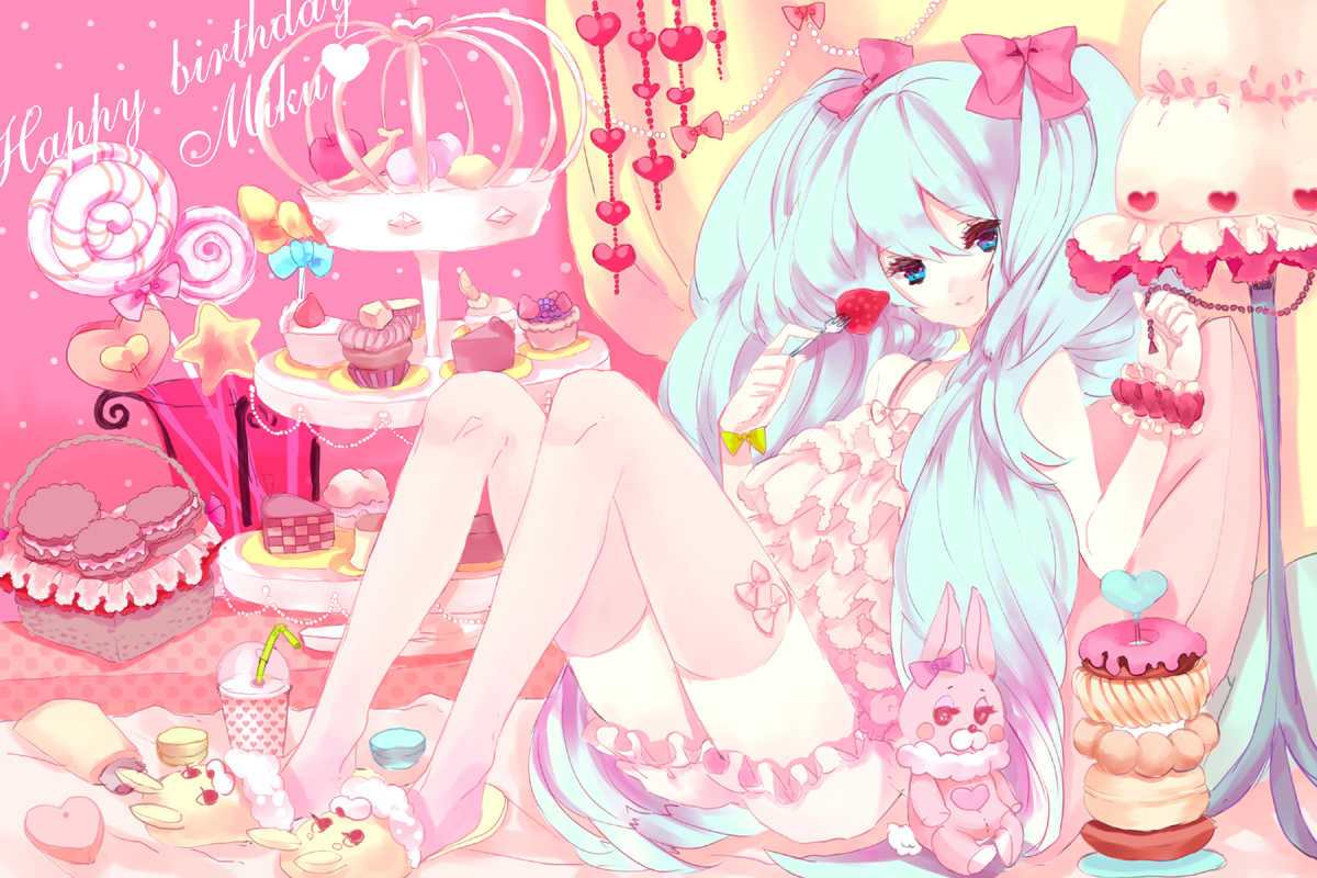 kajiami, hatsune miku, hatsune miku (lollipop), lol -lots of laugh- (vocaloid), vocaloid, bad id, bad pixiv id, 1girl, apple, aqua hair, blue eyes, cake, donut, female focus, food, fork, fruit, heart, holding, holding fork, lamp, long hair, macaron, pastry, sitting, smile, solo, strawberry, stuffed animal, stuffed toy, thighhighs, tiered tray, twintails, very long hair