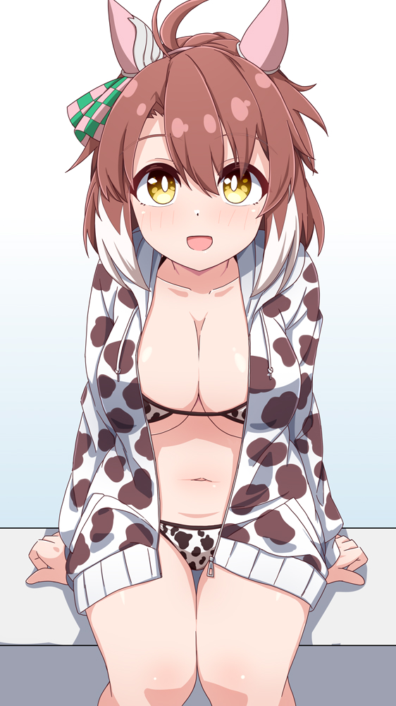 hiro (pqtks113), dantsu flame (umamusume), umamusume, commentary request, 1girl, ahoge, alternate costume, animal ears, animal print, bikini, blush, breasts, brown eyes, brown hair, cleavage, collarbone, cow print, cow print bikini, hair between eyes, hair ornament, hood, hooded jacket, horse ears, horse girl, jacket, jacket over swimsuit, large breasts, looking at viewer, medium breasts, navel, open mouth, print bikini, sitting, swimsuit, white background