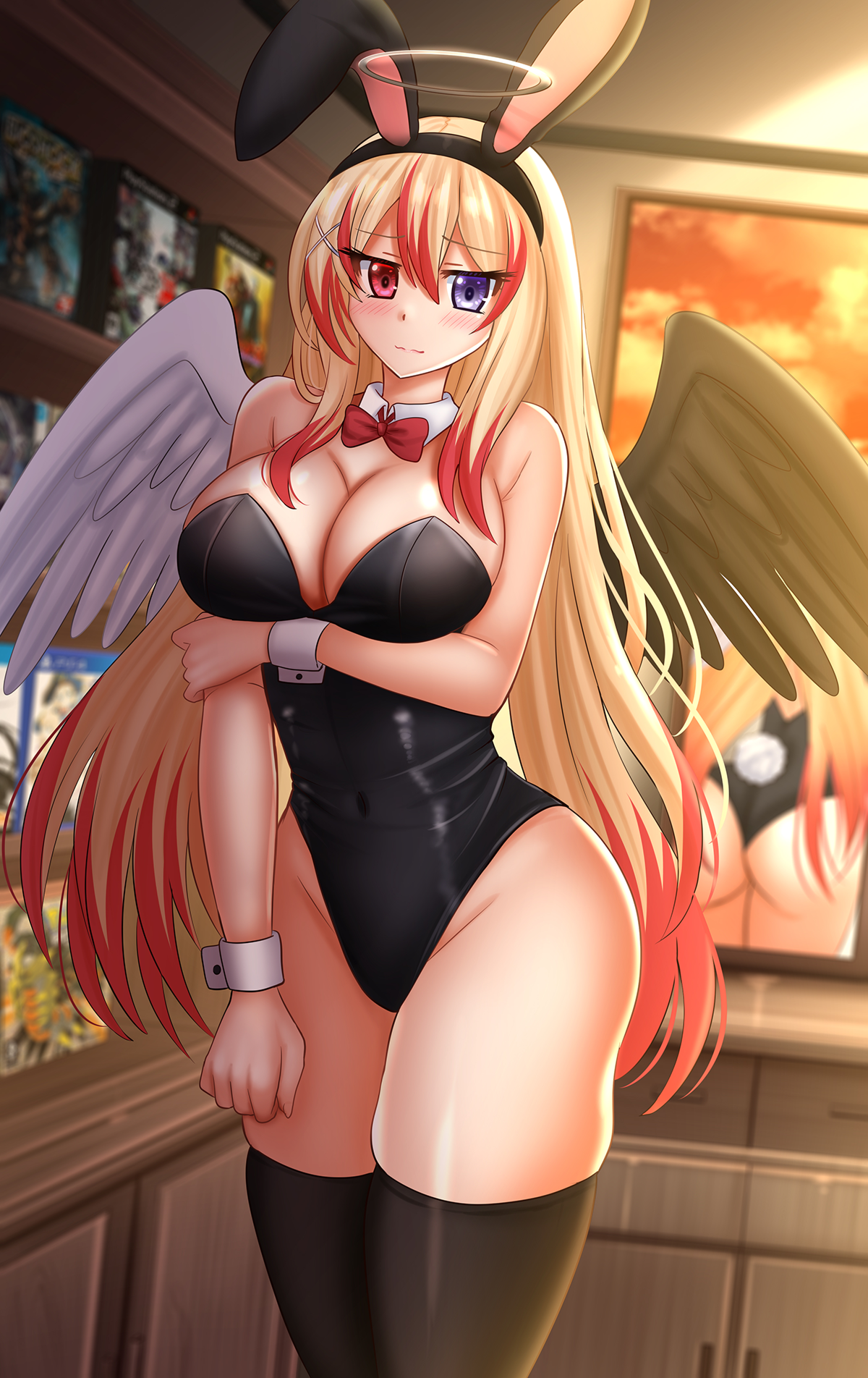 kazenokaze, bioshock, bioshock (series), bioshock 1, nintendo, original, pokemon, pokemon dppt, pokemon platinum, tales of (series), tales of berseria, tales of vesperia, commentary, commission, english commentary, highres, 1girl, animal ears, arm under breasts, asymmetrical wings, black hairband, black leotard, black thighhighs, black wings, blonde hair, breasts, cleavage, closed mouth, covered navel, fake animal ears, feathered wings, groin, hair between eyes, hair ornament, hairband, hairclip, halo, heterochromia, indoors, large breasts, leotard, long hair, looking at viewer, mirror, mismatched wings, multicolored hair, playboy bunny, purple eyes, rabbit ears, red eyes, red hair, reflection, skindentation, solo, standing, strapless, strapless leotard, streaked hair, thighhighs, very long hair, white wings, wings, wrist cuffs, x hair ornament