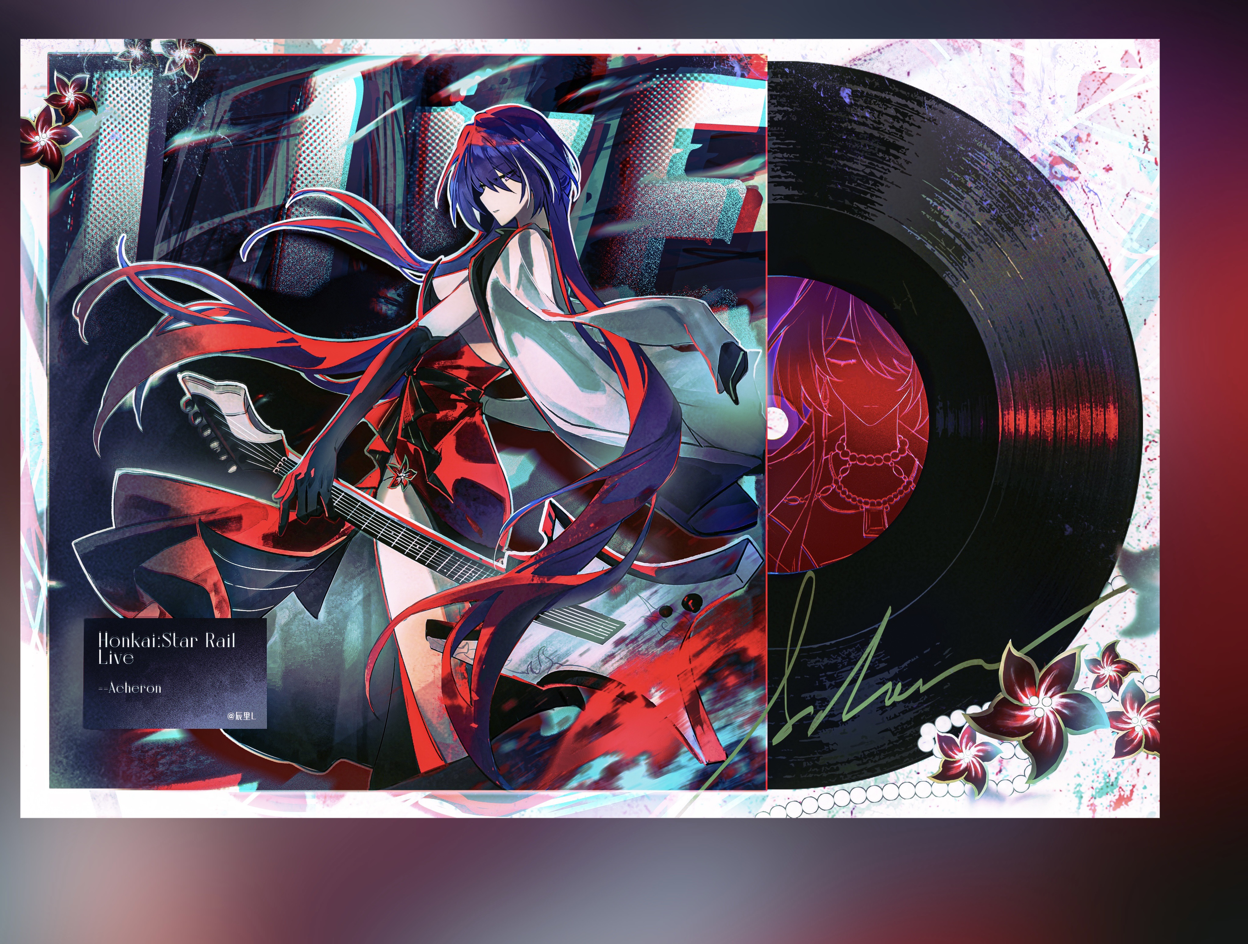 chen li, acheron (honkai: star rail), acheron (star rail live 2025) (honkai: star rail), honkai: star rail, honkai (series), absurdres, chinese commentary, highres, 1girl, album cover, cover, dress, elbow gloves, electric guitar, english text, flower, gem, gloves, guitar, hair between eyes, instrument, jacket, jewelry, long hair, necklace, official alternate costume, pearl (gemstone), purple hair, red dress, red flower, very long hair, white jacket, white streaks